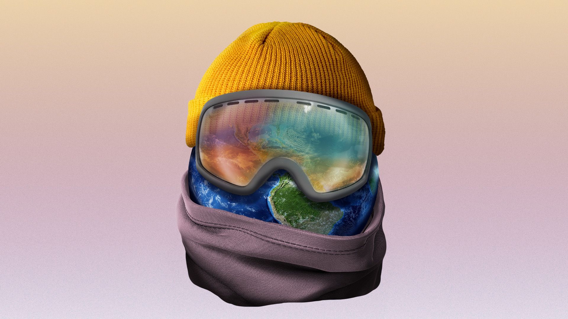 Illustration of the earth wearing a hat, ski goggles, and a neck scarf 