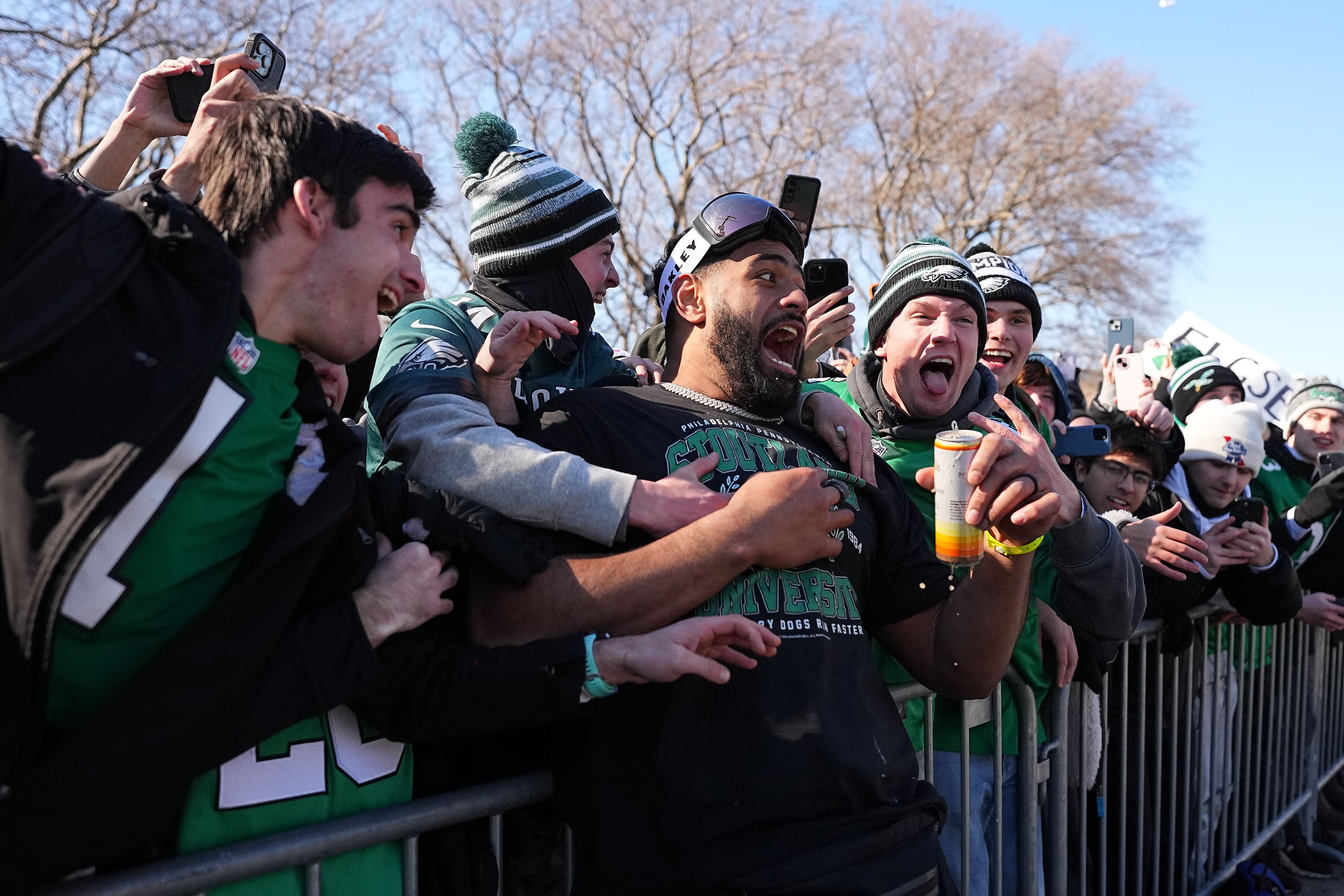 Jordan Mailata #68 of the Philadelphia Eagles celebrates with fans.