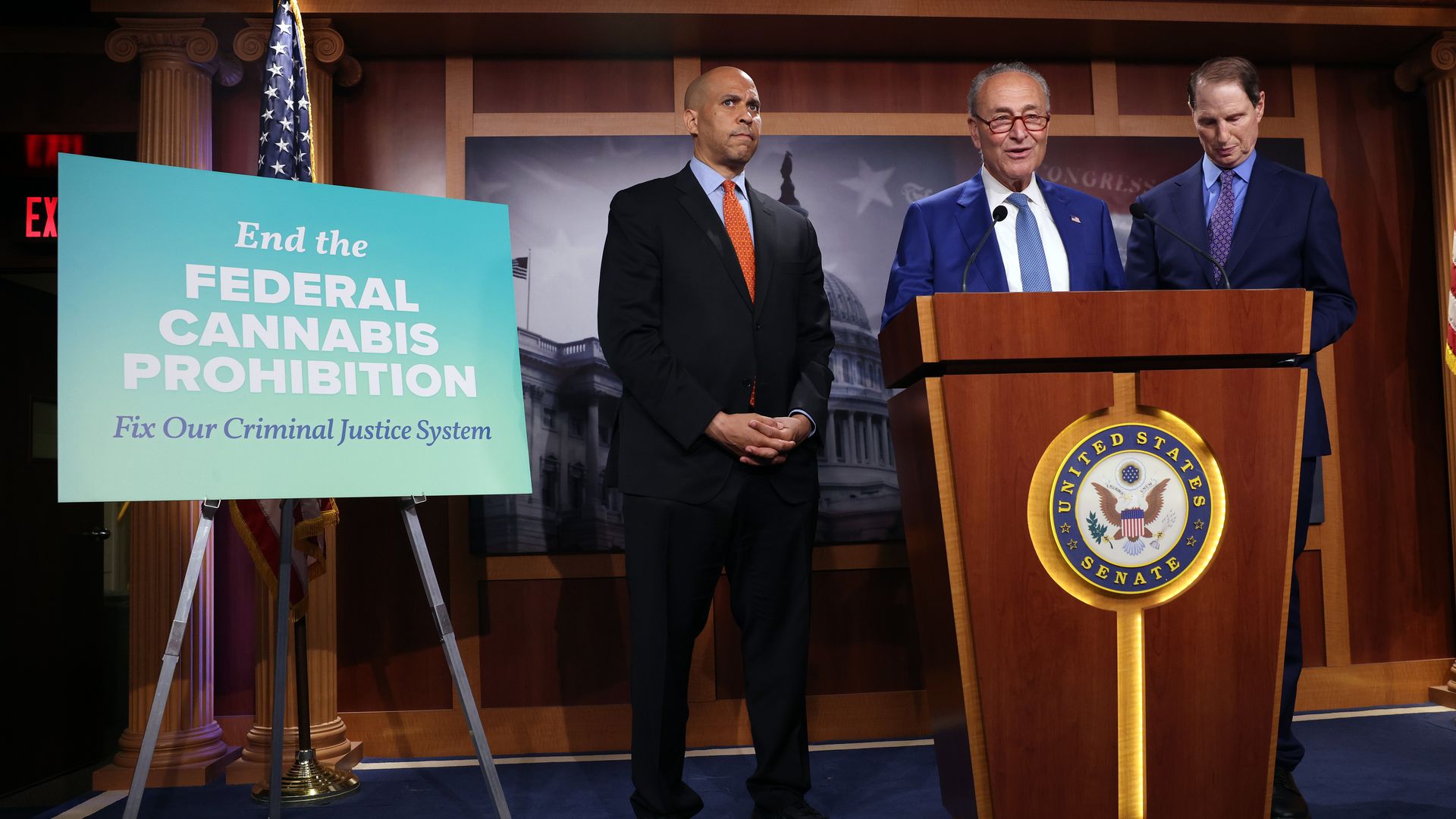 SSenators speak at a press conference on introducing legislation to end federal cannabis prohibition at the U.S. Capitol on July 14, 2021