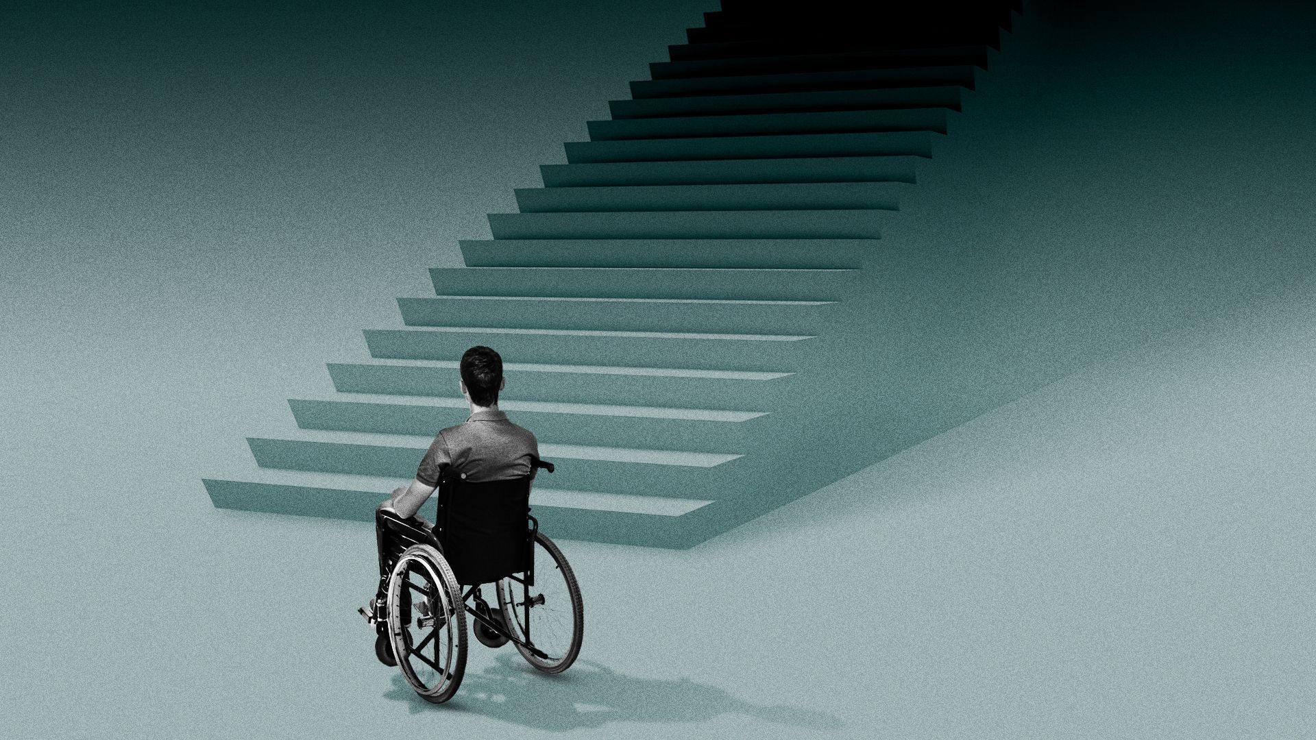 Illustration of a wheelchair-user at the bottom of very tall stairs.