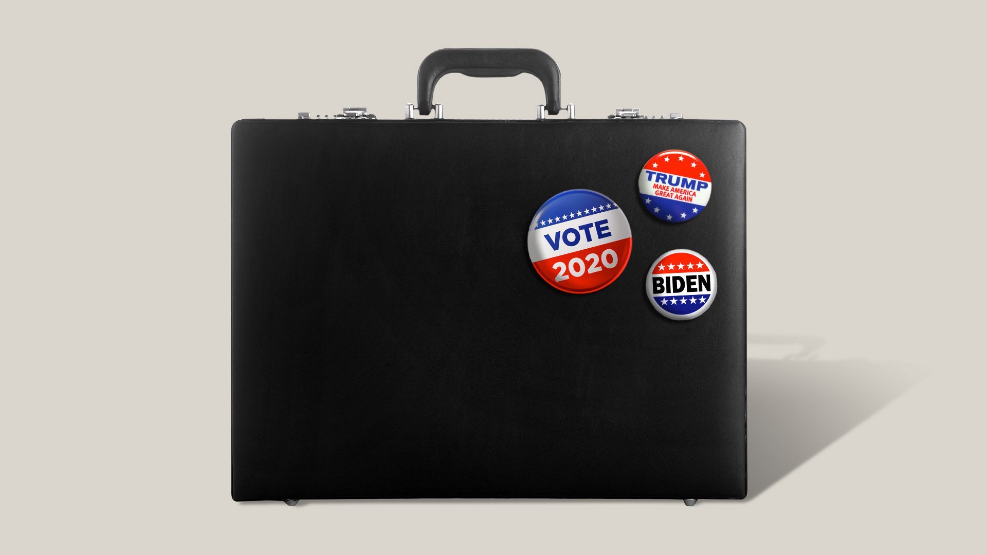 Illustration of a briefcase with Biden, Trump, and Vote pins. 