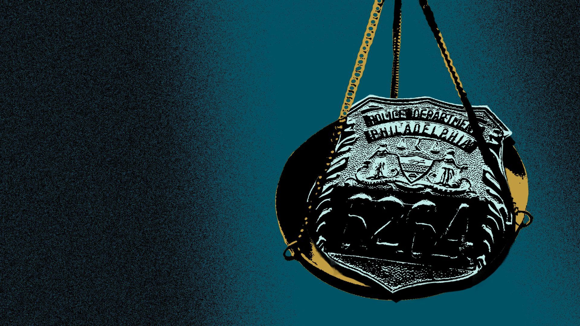 Photo illustration of a Philadelphia police badge on a plate from the scales of justice.