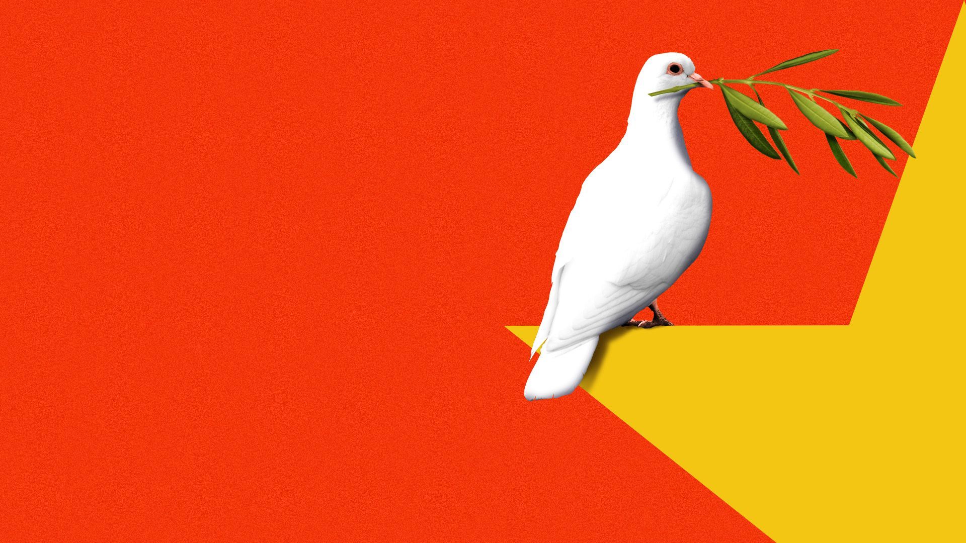 Illustration of a white dove with an olive branch perched upon a star from the flag of the People's Republic of China