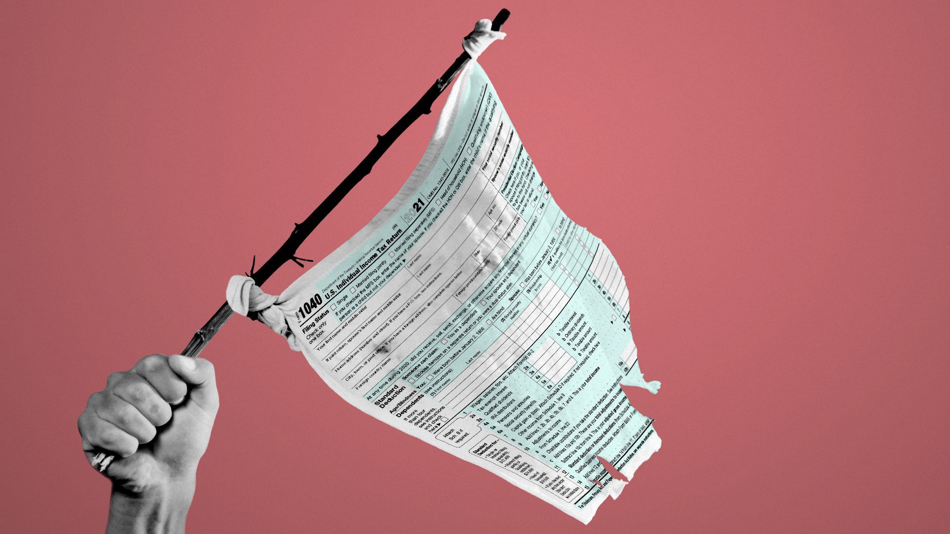 Illustration of an income tax form being used as a white flag of surrender.