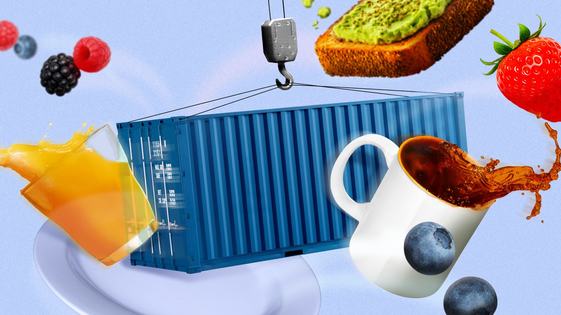 Illustration of a shipping container crashing into various breakfast foods