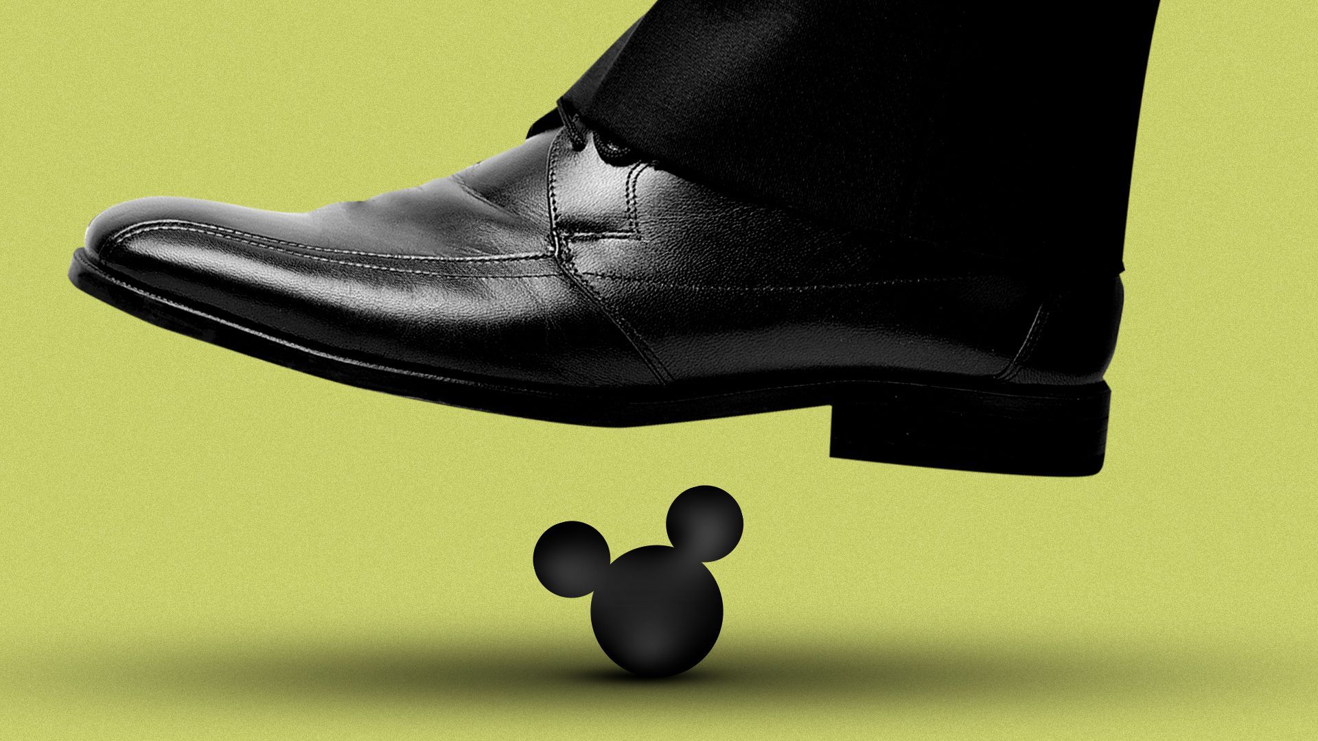 Illustration of a shoe about to step on Mickey Mouse ears. 