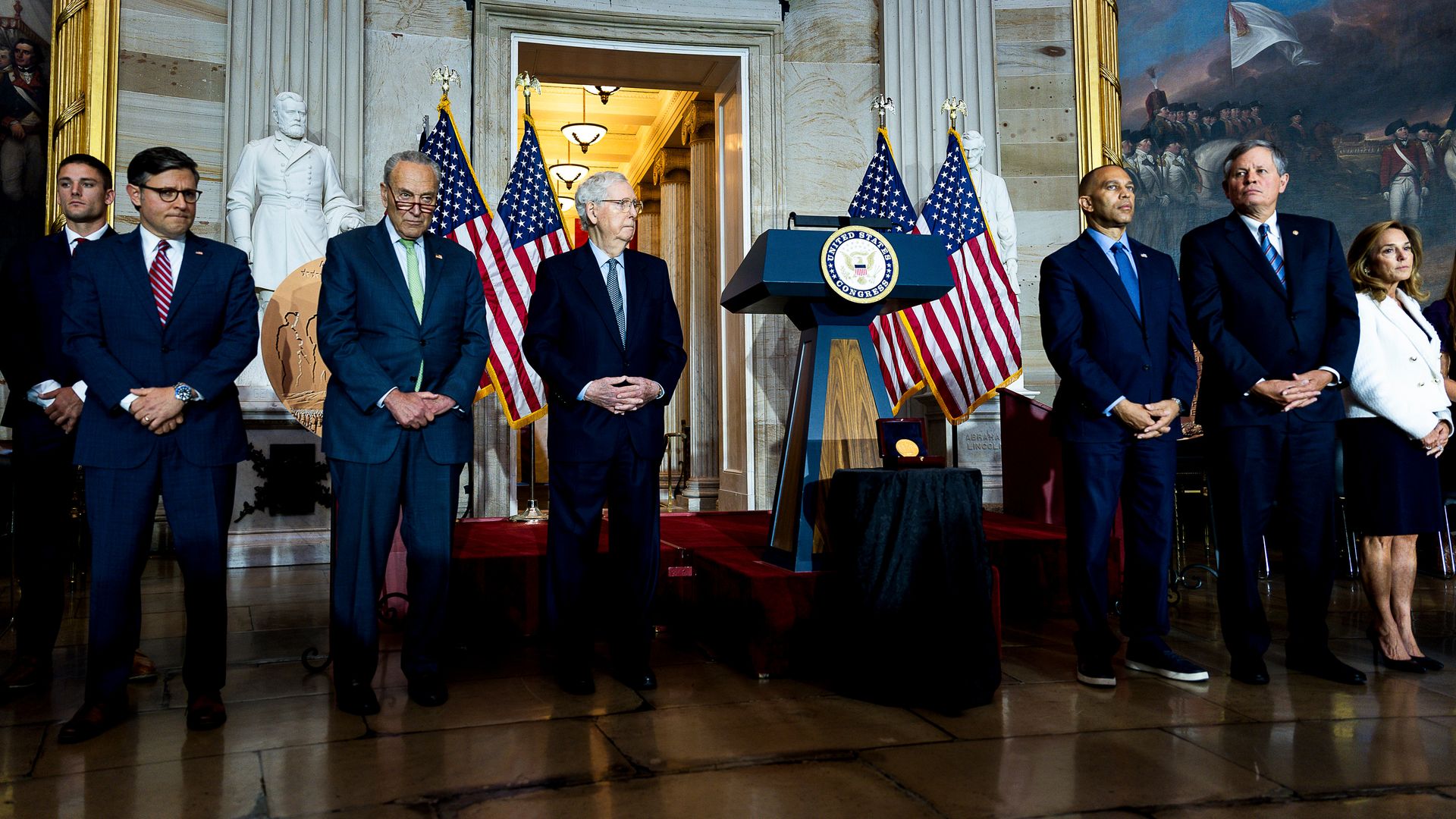 US House Speaker Mike Johnson, a Republican from Louisiana, from left, Senate Majority Leader Chuck Schumer, a Democrat from New York, Senate Minority Leader Mitch McConnell, a Republican from Kentucky, Representative Hakeem Jeffries, a Democrat from New York.