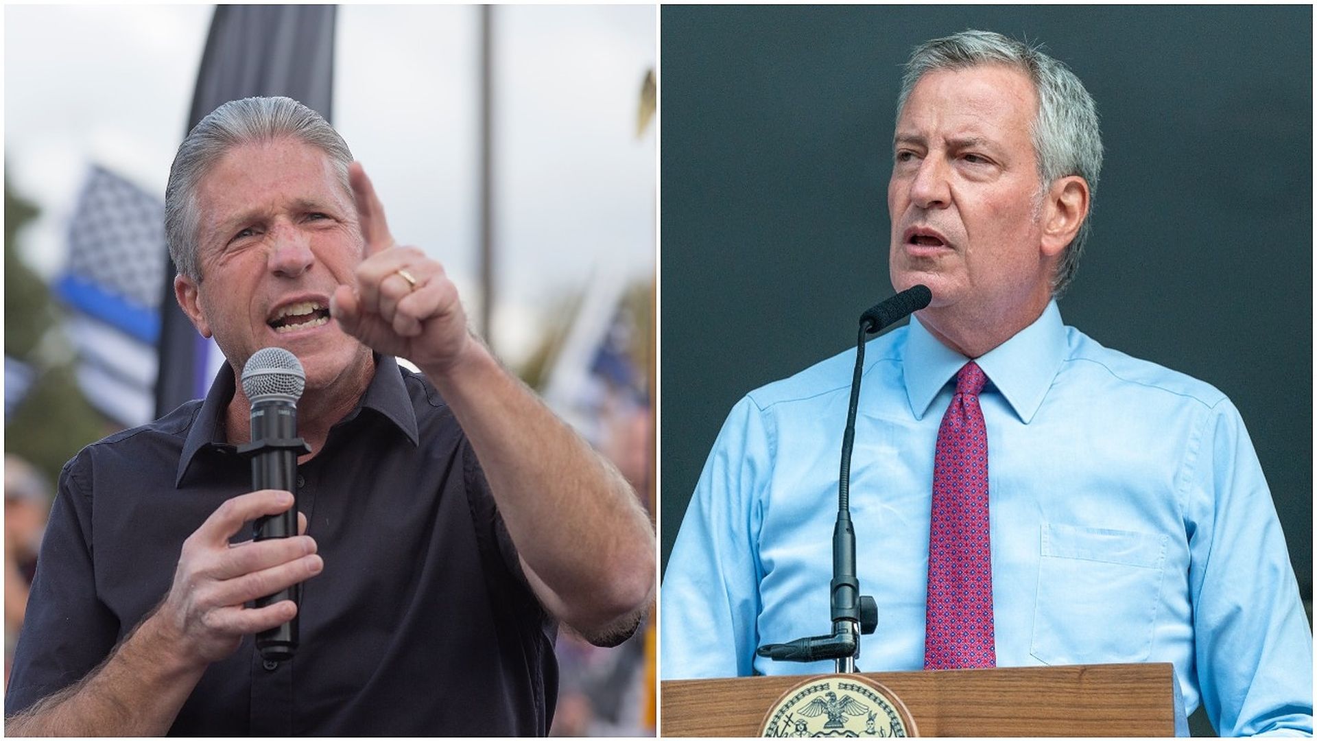  Combination images of New York City Patrolman Benevolent Association President Patrick Lynch and  New York City Mayor Bill De Blasio