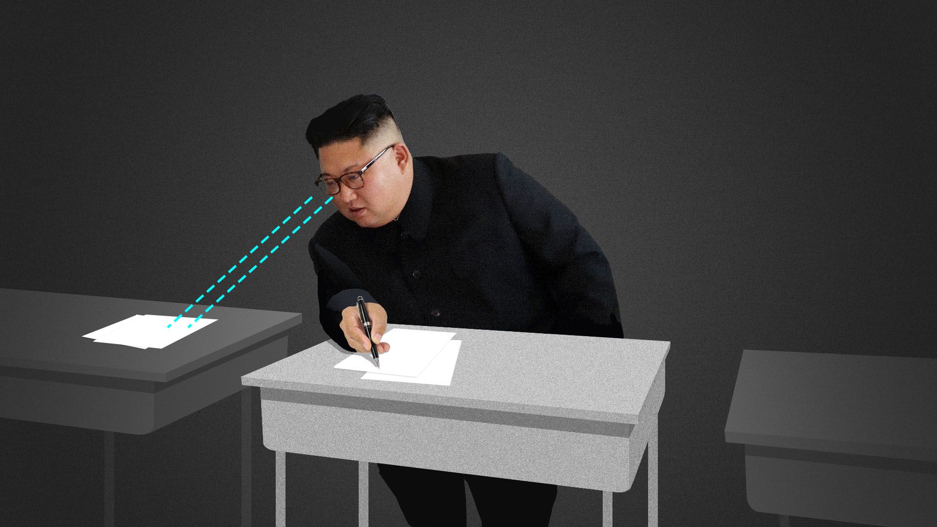 Illustration of North Korean leader Kim Jong-un copying a document