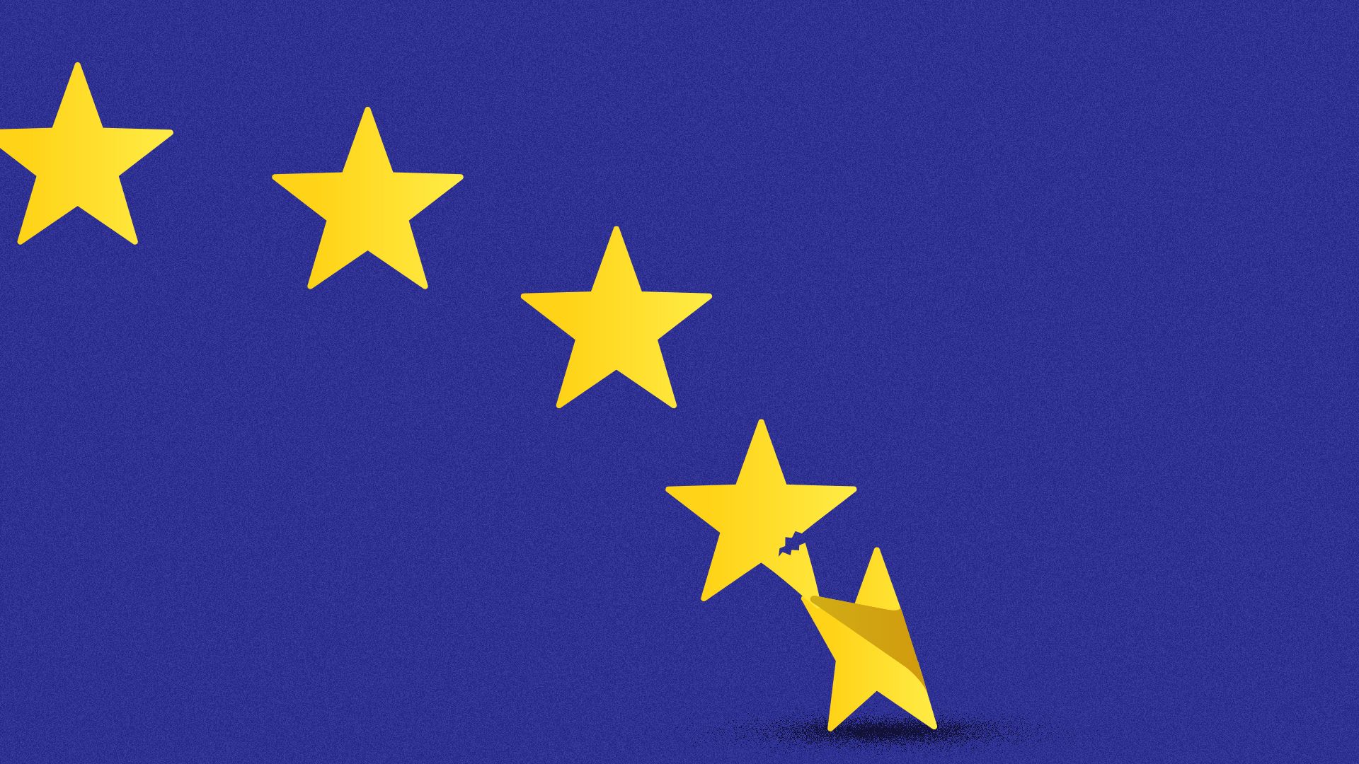Illustration of the EU flag stars with one star pulling the leg off of another star. 