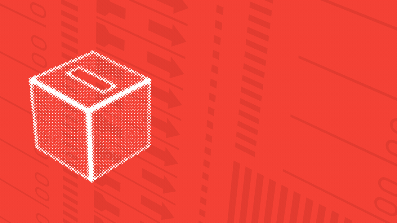Animated illustration of a ballot dropping into a ballot box over a red background, which rotates to become a checkbox, with a checkmark drawn in front of it.