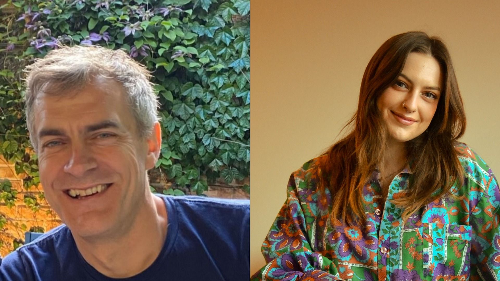 Headshot of man with gray hair and blue t-shirt. Headshot of young woman with red hair and brightly colored print shirt.