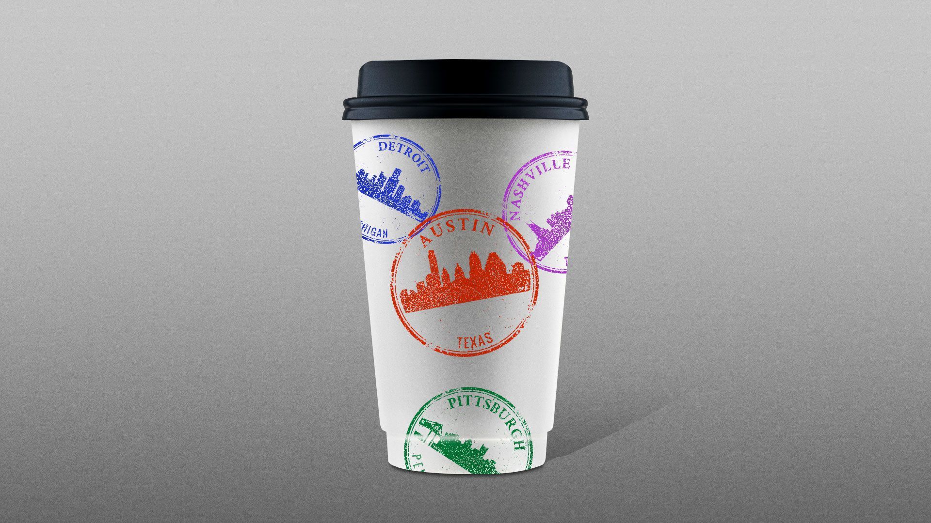 Illustration of paper coffee cup with city travel stamps (Detroit, Nashville, Austin, and Pittsburgh)