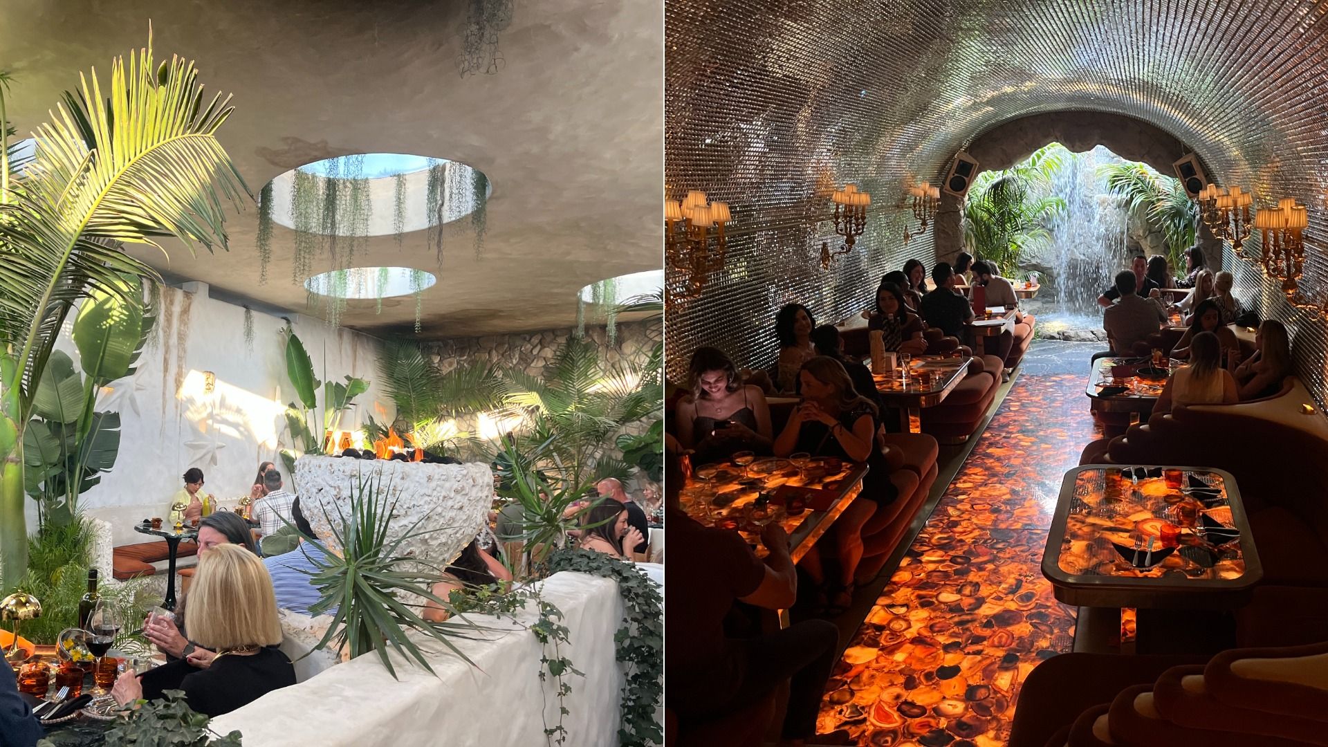 Two side-by-side restaurant scenes: left shows a bright space with large circular skylights, plants, and a fire pit; right shows dim seating with glowing amber tables and a waterfall at the end.