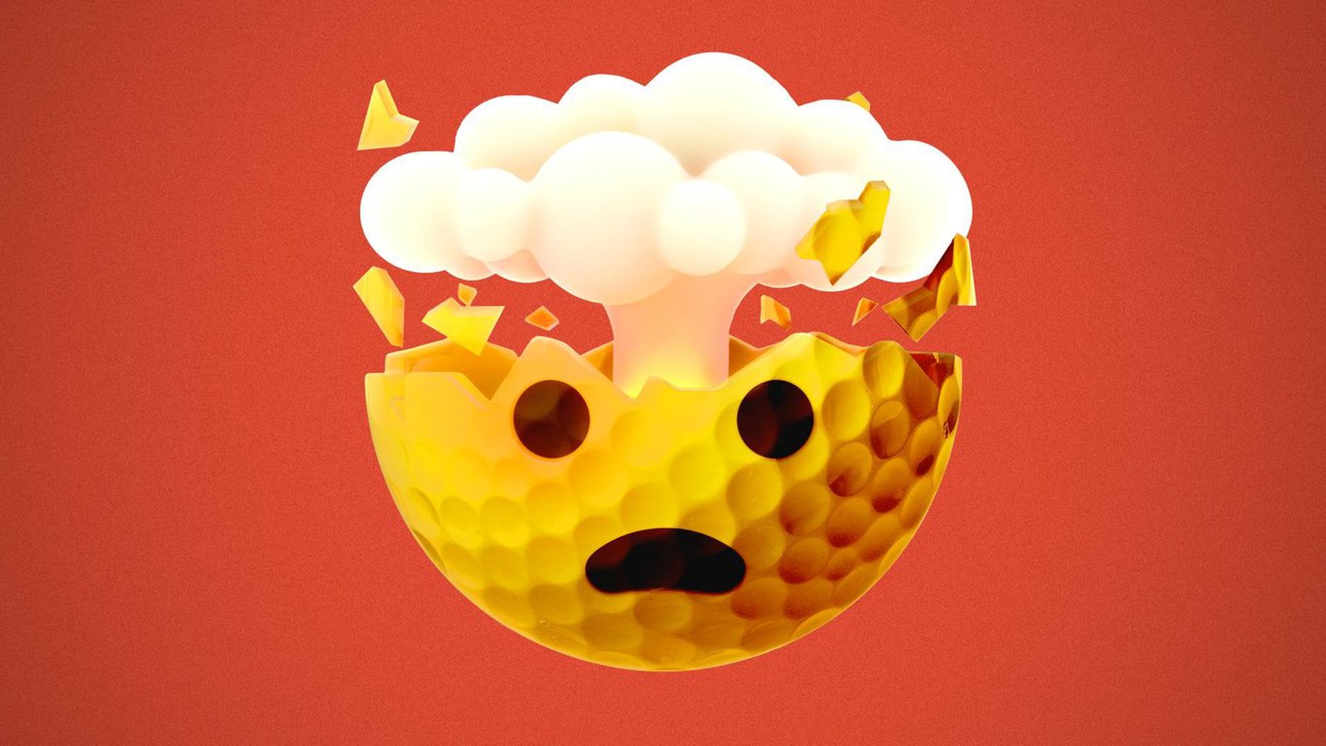 A golf ball in the shape of a mind blown emoji