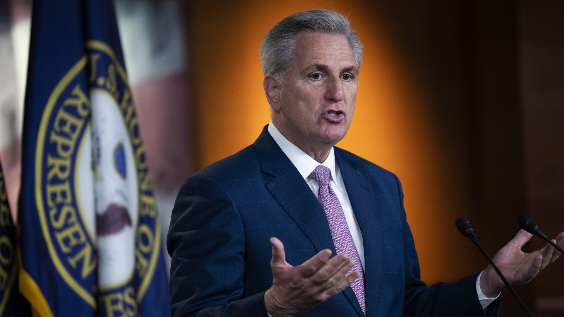 House Minority Leader Kevin McCarthy is seen speaking.