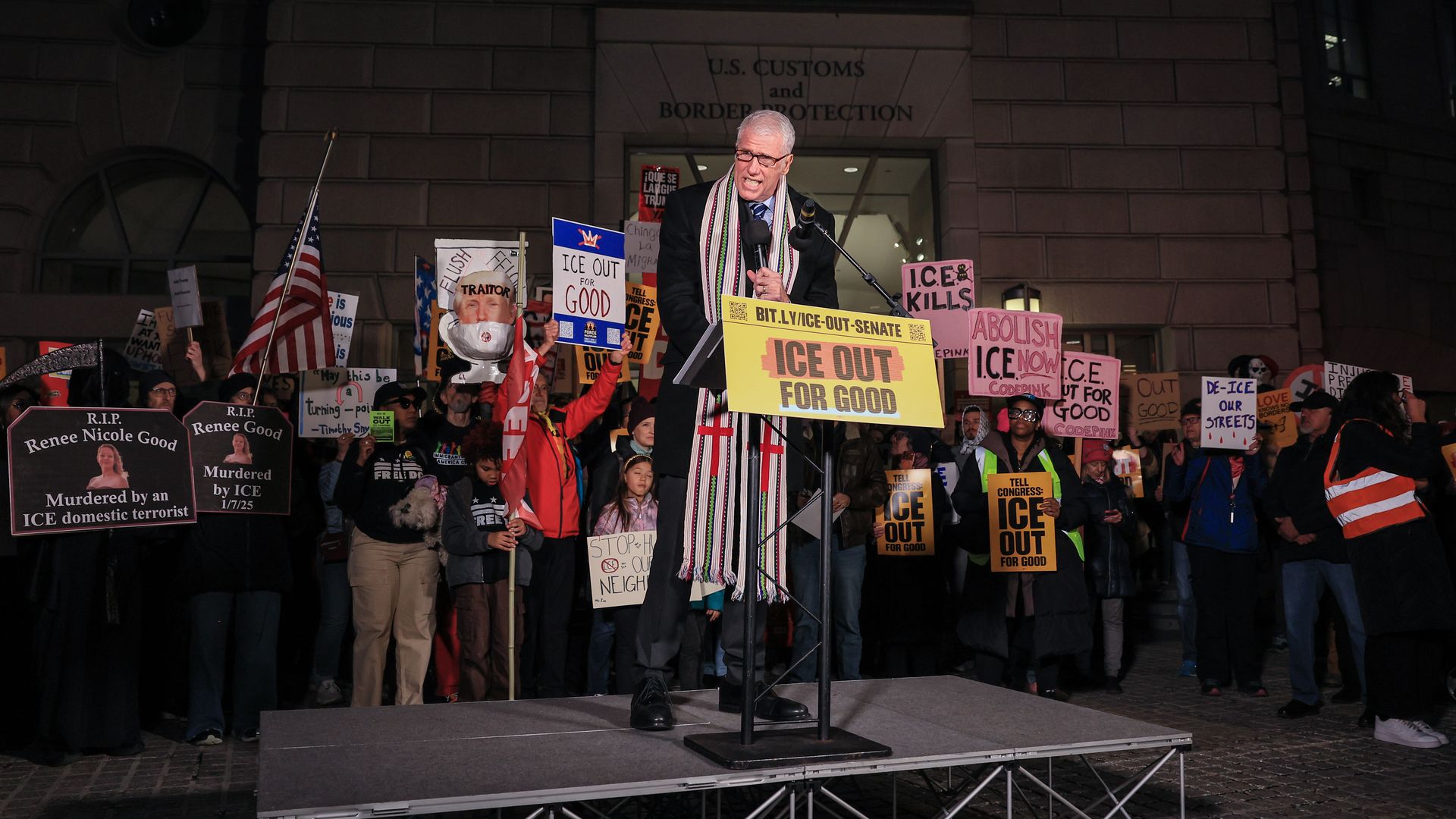  President and CEO of the Interfaith Alliance Rev. Paul Brandeis Raushenbush speaks during the ICE Out for Good Protest at the U.S. Customs and Border Protection Office on January 13, 2026 in Washington, D.C. (Photo by Jemal Countess/Getty Images for MoveOn Civic Action)