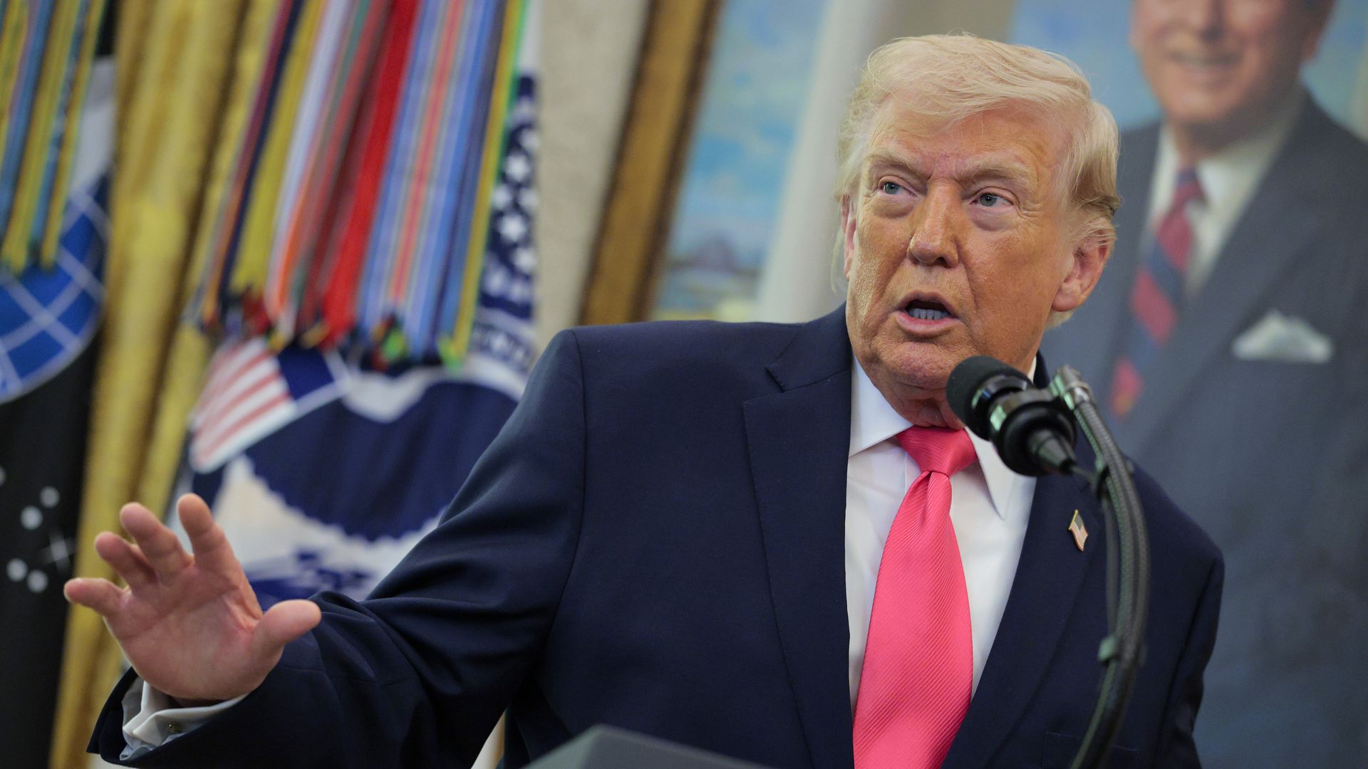 President Trump speaks during a ceremony for newly sworn-in DHS Secretary Markwayne Mullin in the Oval Office on March 24. 