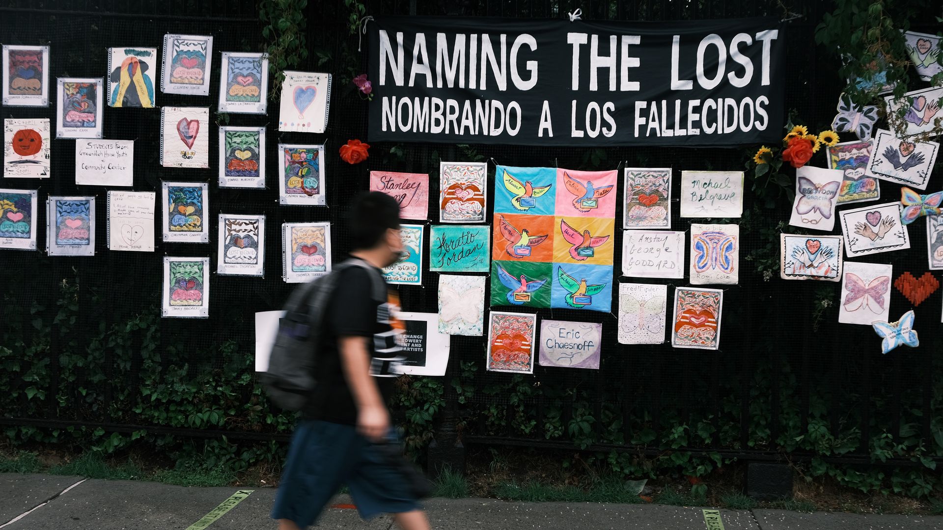Memorials hang from the front gate of Greenwood Cemetery  o remember and celebrate the lives of those killed by the Covid-19 pandemic on June 08, 2021 in New York City.