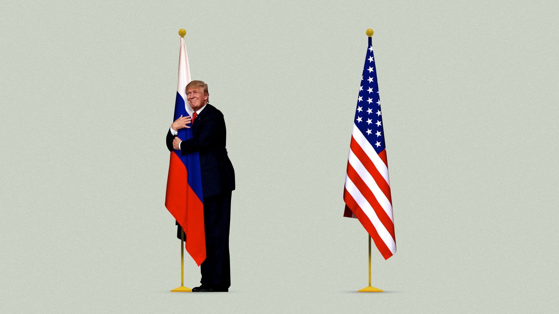 Illustration of President Trump clinging onto Russia flag, not touching the nearby American flag