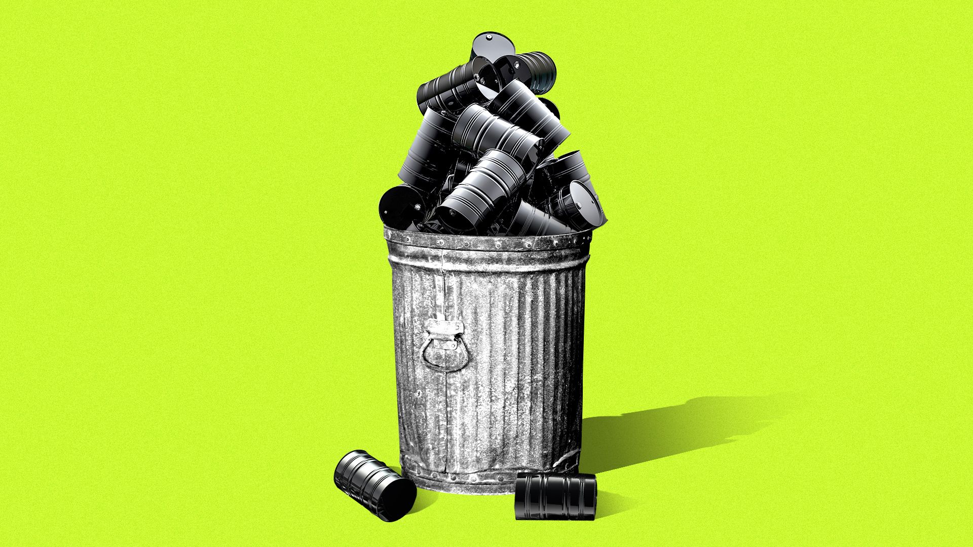 Illustration of a trash can full of oil barrels.