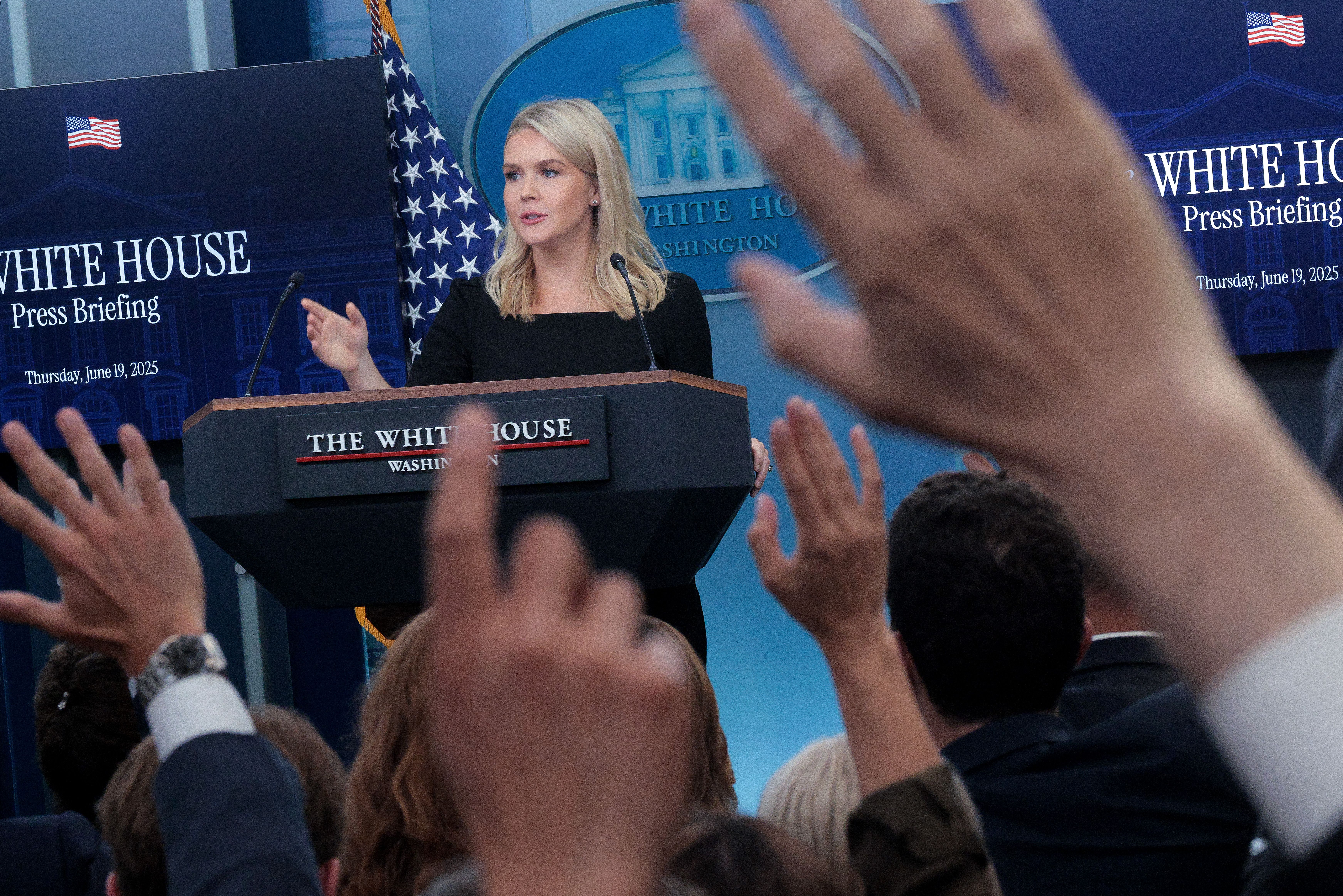 White House Press Secretary Karoline Leavitt calls on reporters during a news conference in the Brady Press Briefing Room at the White House on June 19, 2025 in Washington, DC. Leavitt announced that President Donald Trump will make a decision on whether the United States will get directly involved