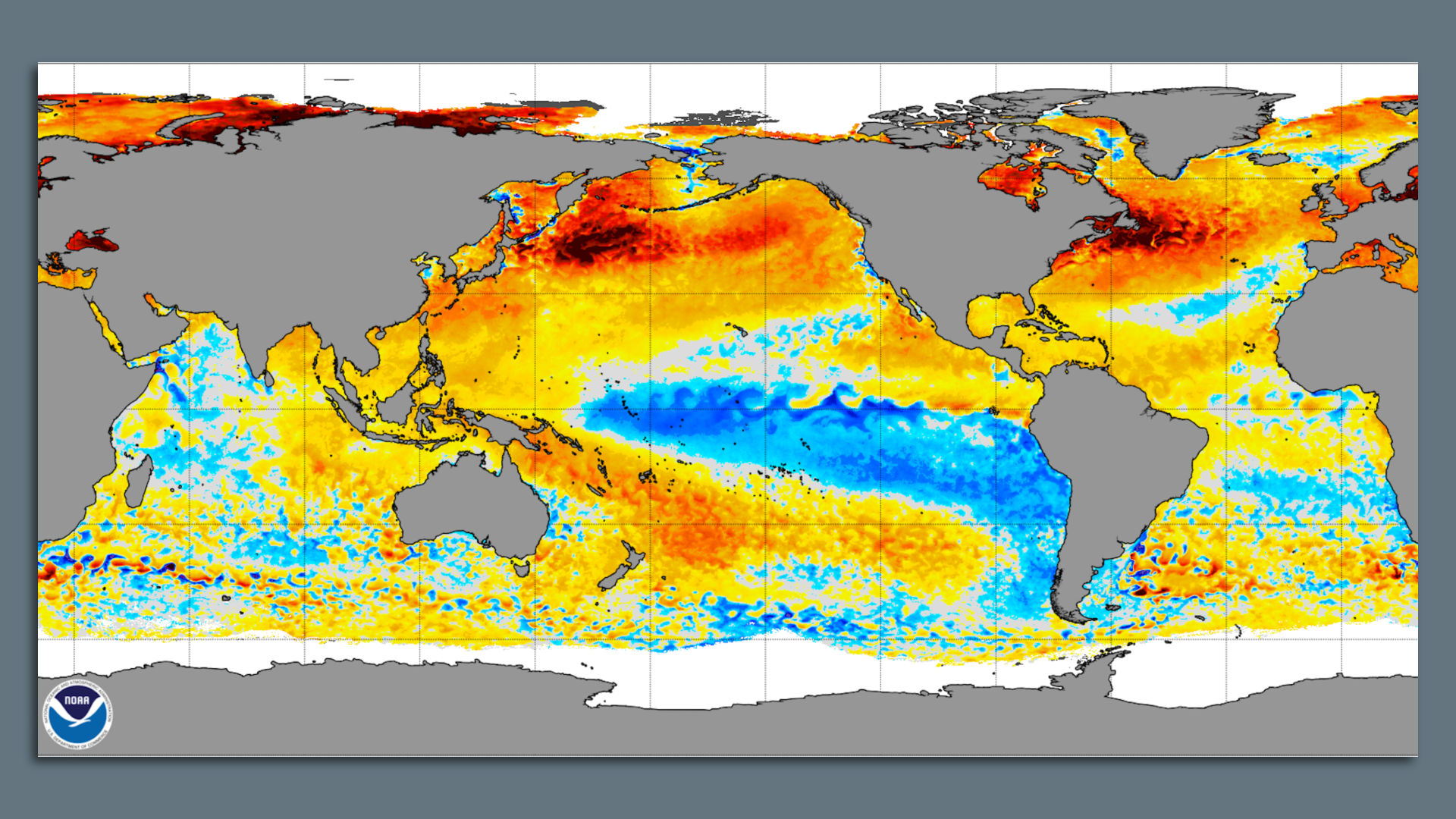 Map showing sea surface temperature departures from average in the tropical Pacific Ocean.