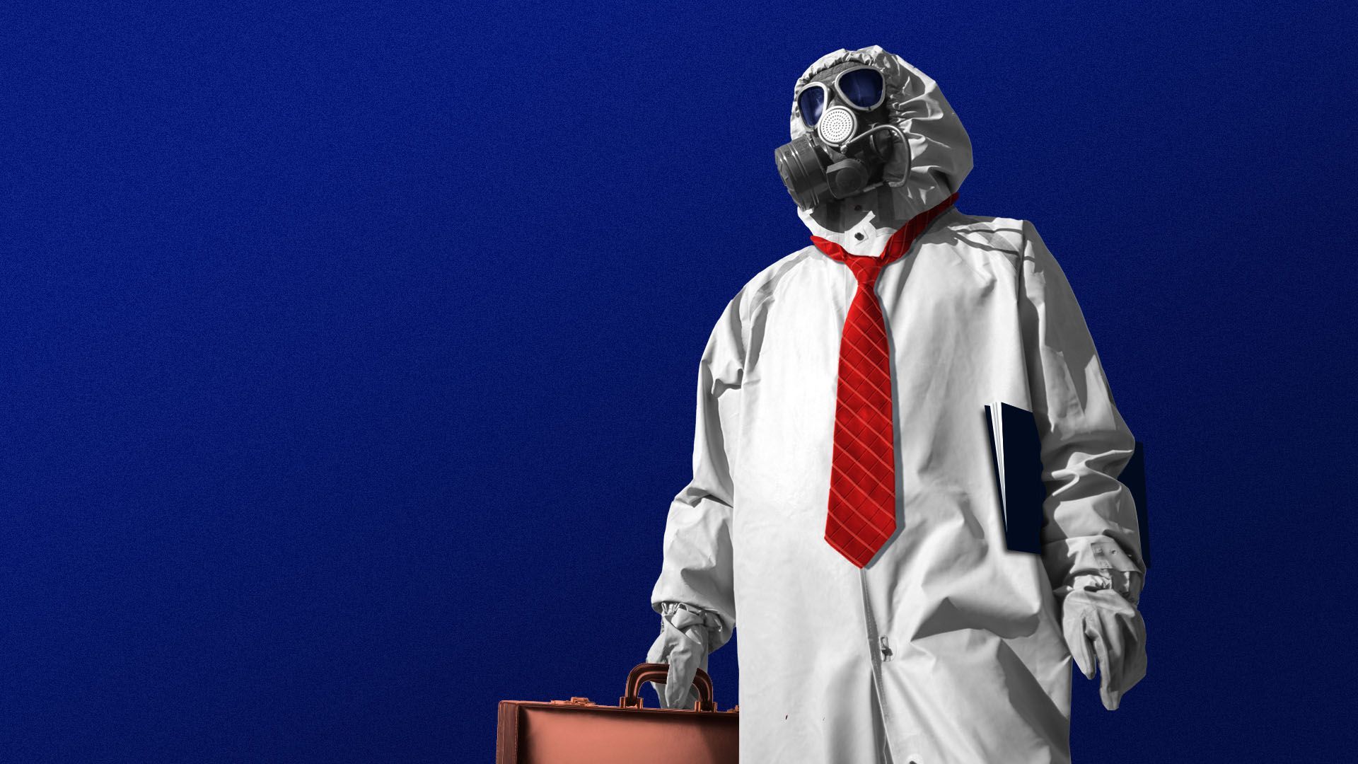 Illustration of a figure in a hazmat suit wearing a tie and holding a briefcase and a folder full of papers