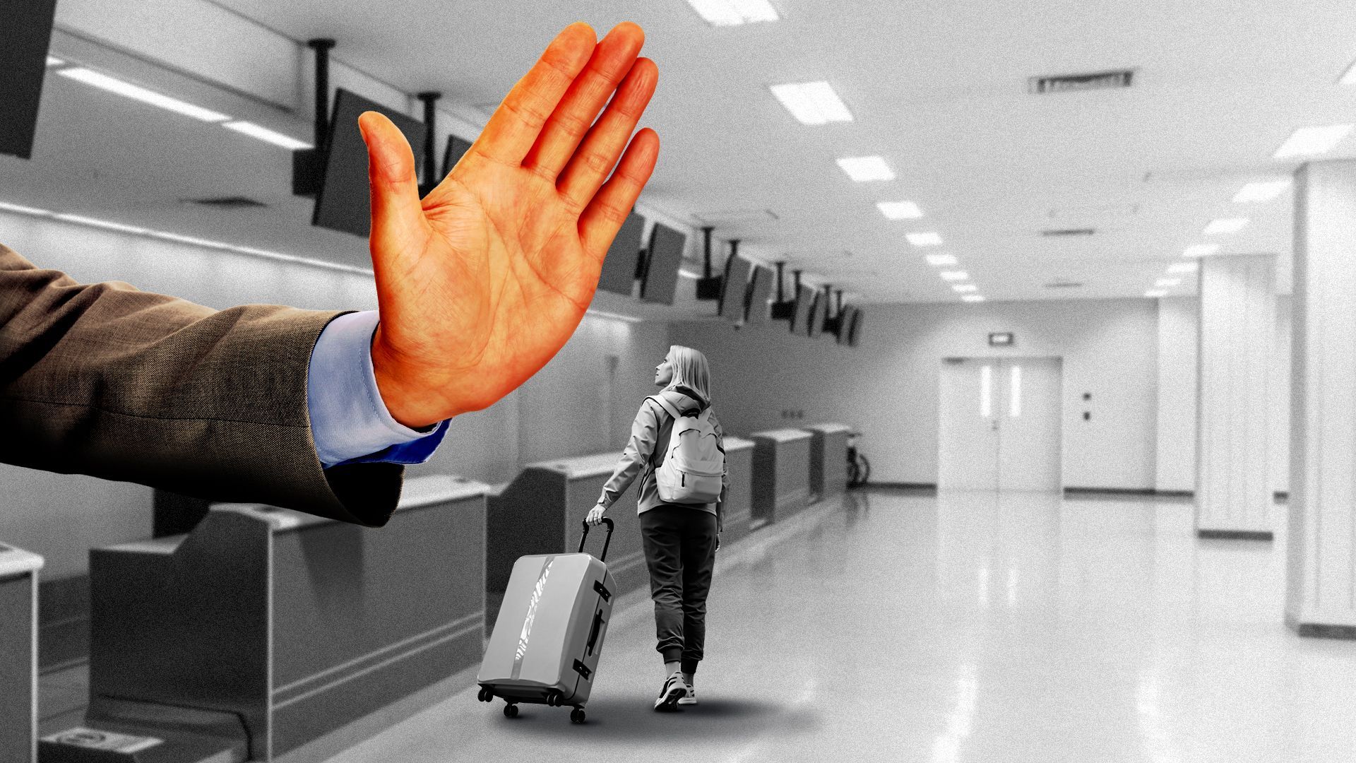 Illustration of a giant hand behind an airline check in desk held up in front of a small person carrying luggage