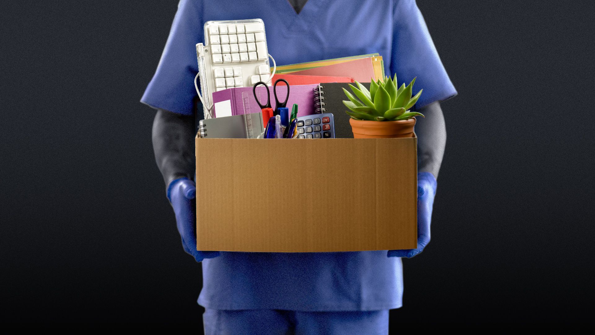 Illustration of a health professional carrying a cardboard box packed with office items.