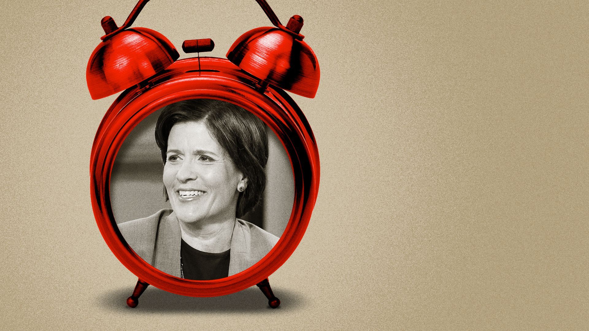 Photo illustration collage of Kara Swisher inside a red alarm clock.