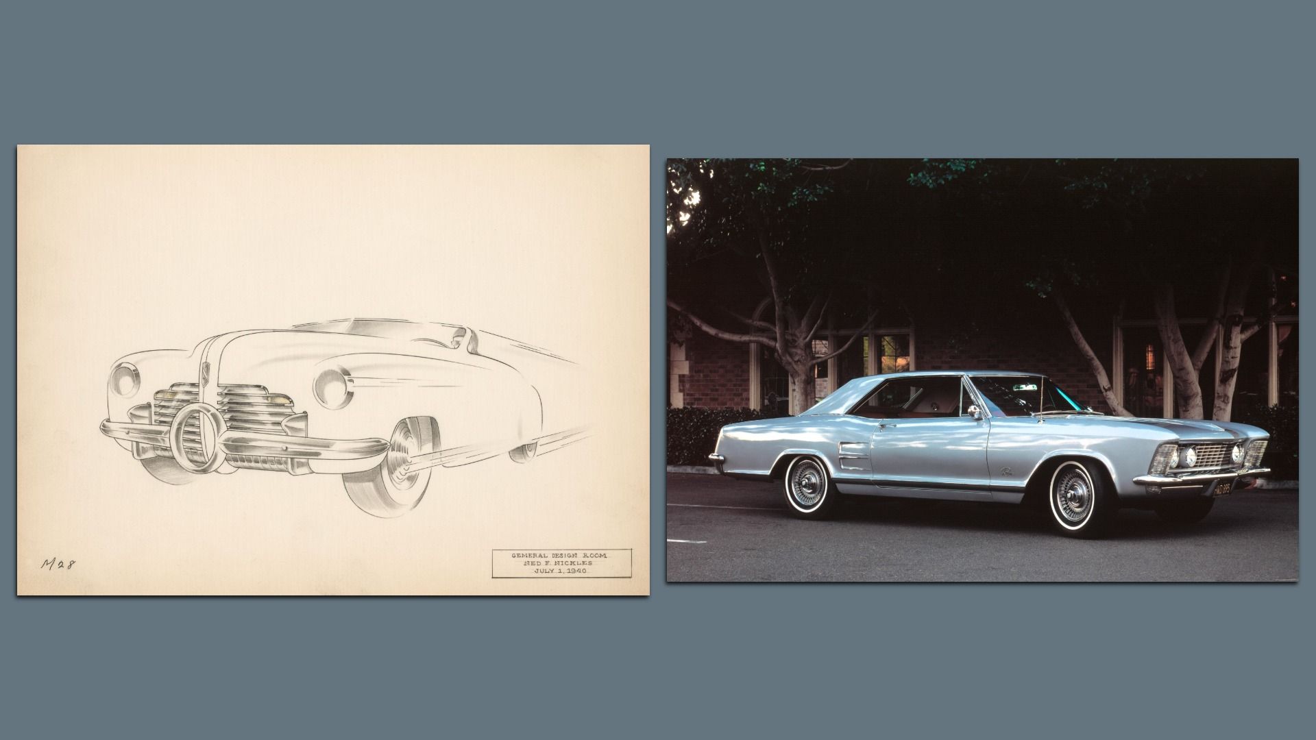 Left: pencil sketch of a futuristic Buick design from 1940 on beige paper. Right: Photo of a light blue 1963 Buick Riviera parked on the street in front of some tress. 