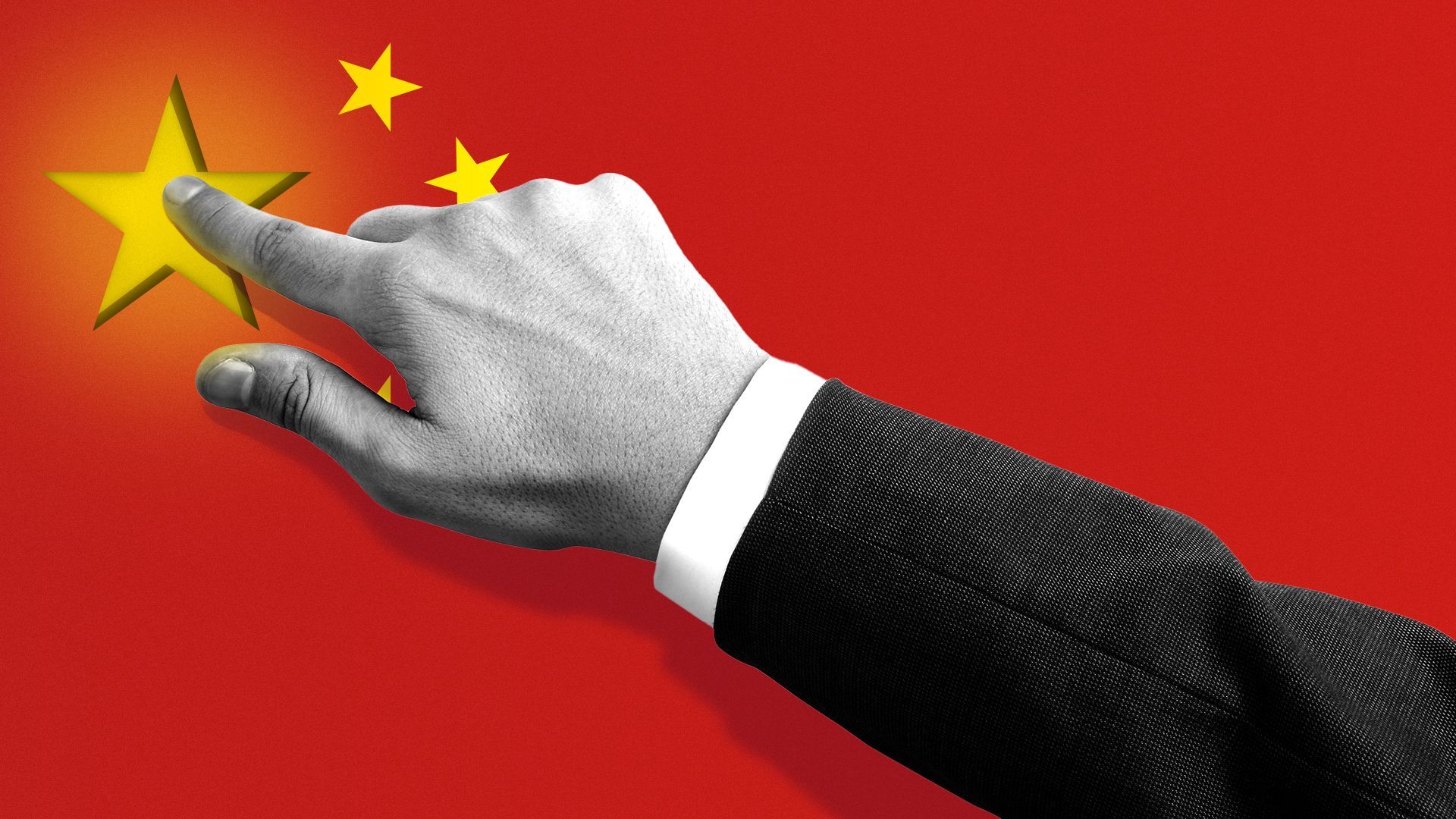 Illustration of a hand reaching out and pushing the large star on the Chinese flag is if it were a button.
