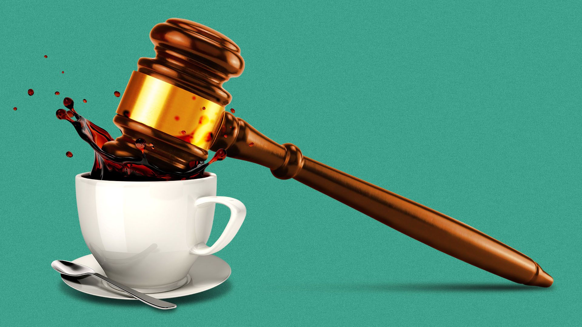 Illustration of a wooden judge's gavel hitting a cup of coffee, causing the liquid to splash out. The scene is set against a solid turquoise background, with a small metal spoon resting beside the white cup on a saucer.