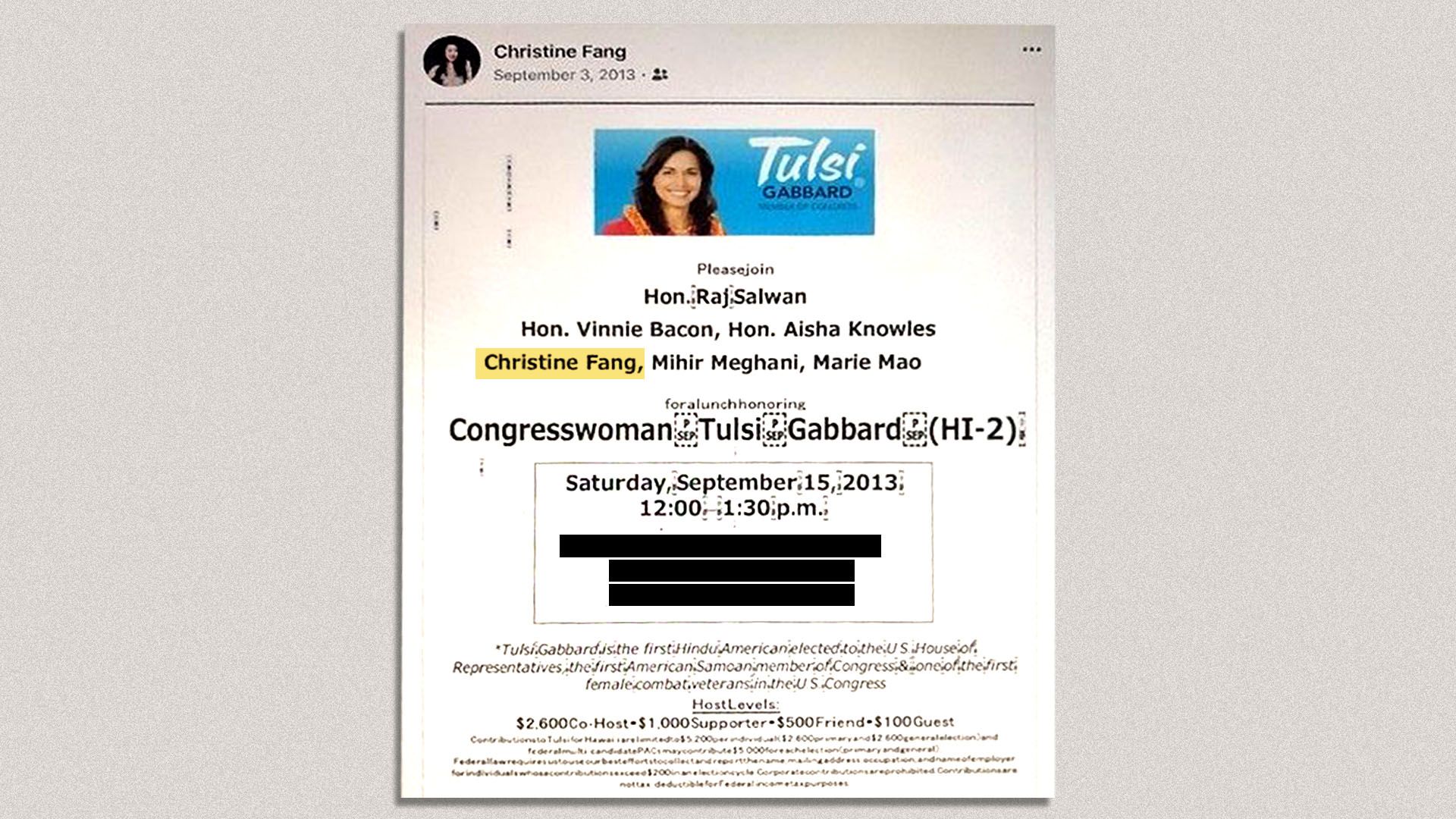 Photo of flyer from fundraiser for Tulsi Gabbard