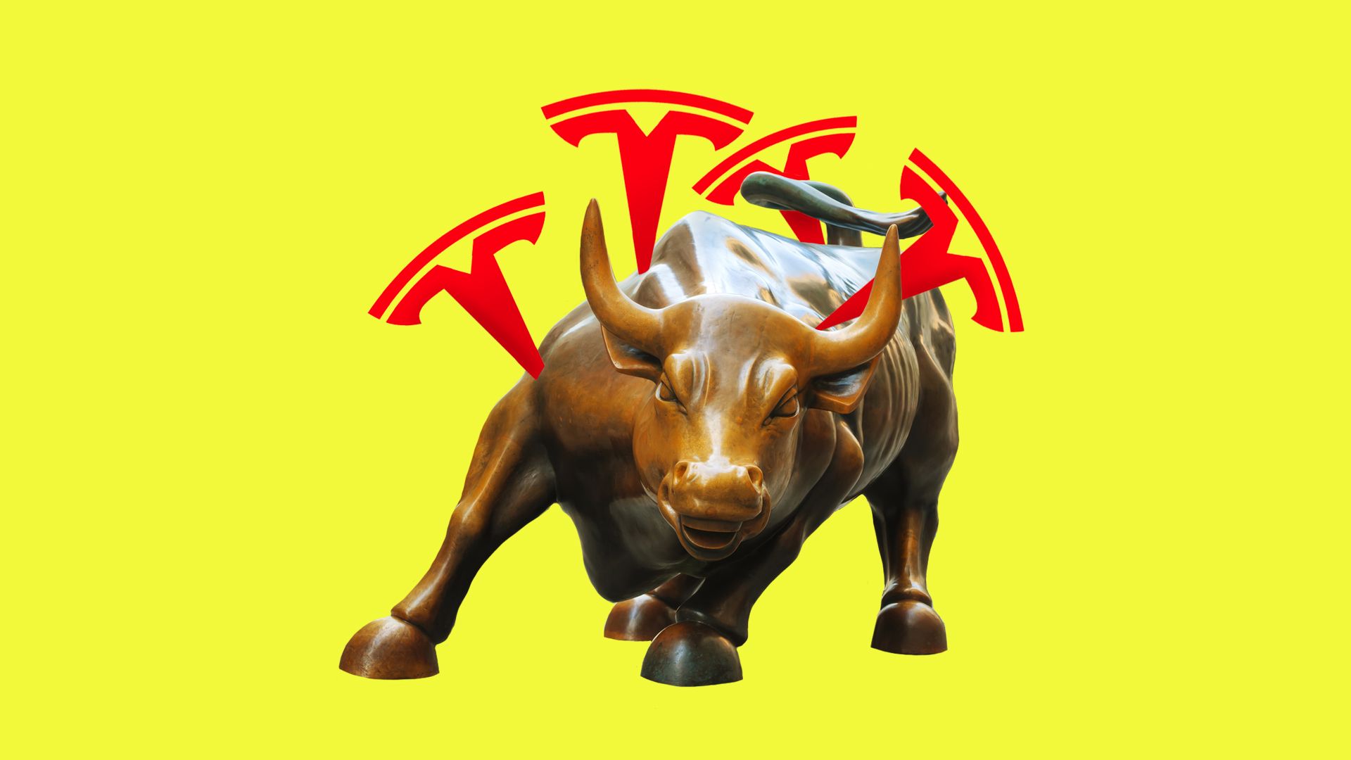 In this illustration, red Tesla logos protrude out of the Wall Street bull.