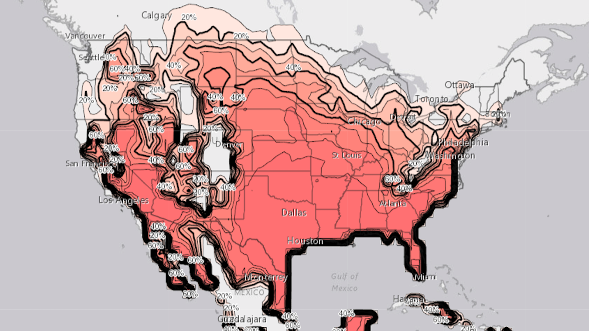 Screenshot from heat.gov of the likelihood of temperatures of 90°F or above on August 9, 2022.