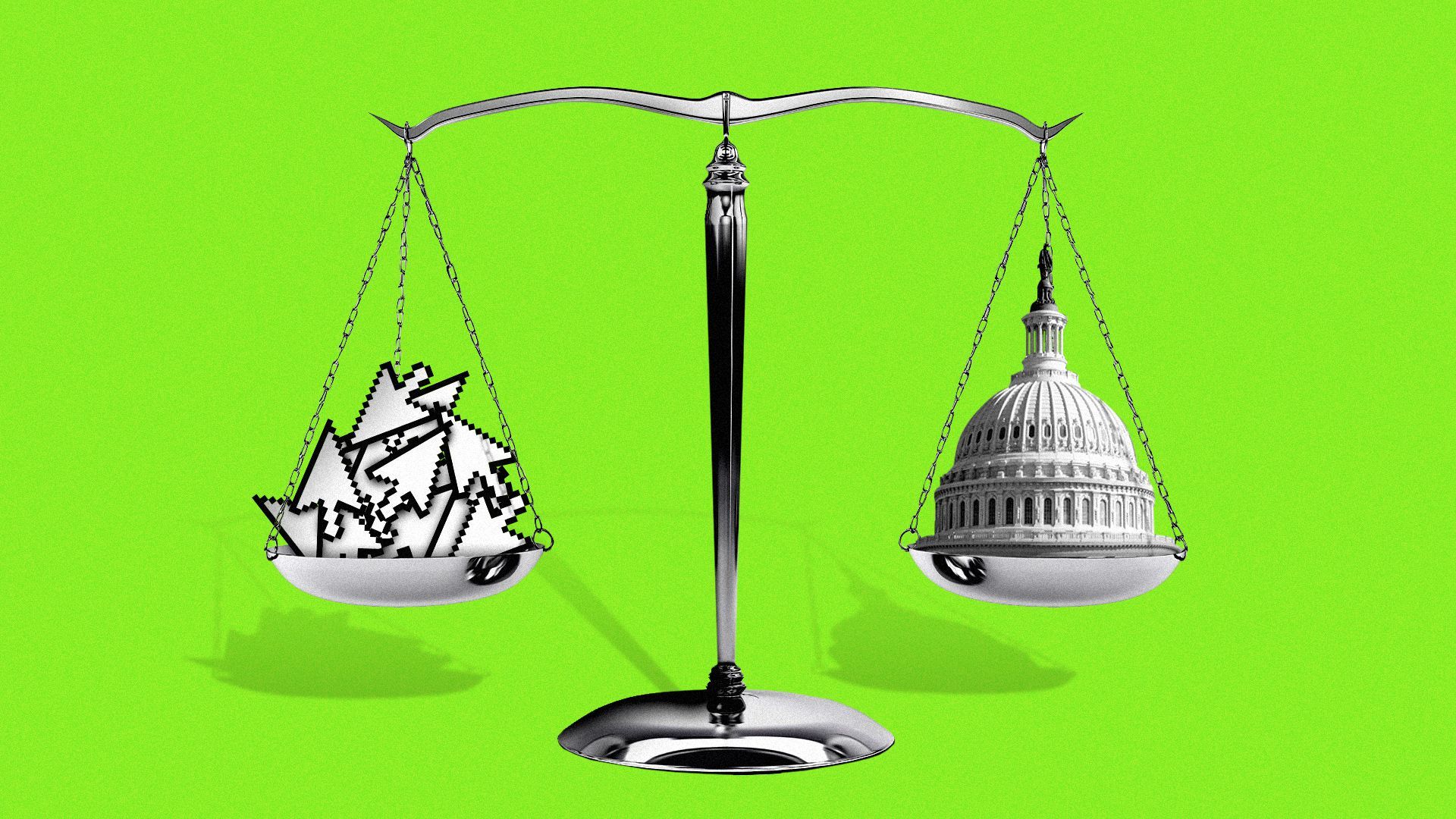 Illustration of the scales of justice with one side full of a pile of cursors and one side with the Capitol Dome.