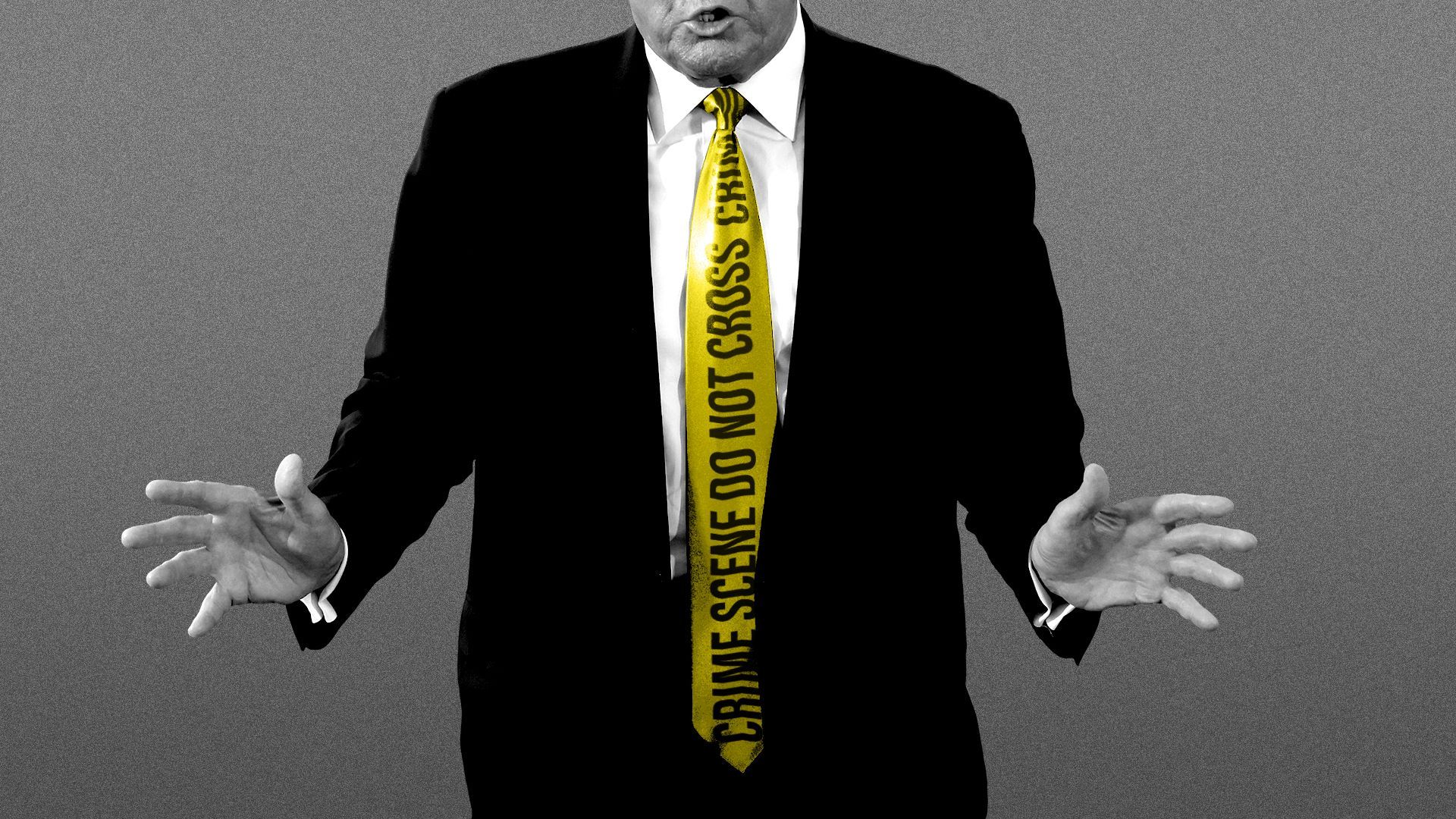 Photo illustration of Donald Trump with a yellow tie that looks like crime scene tape.
