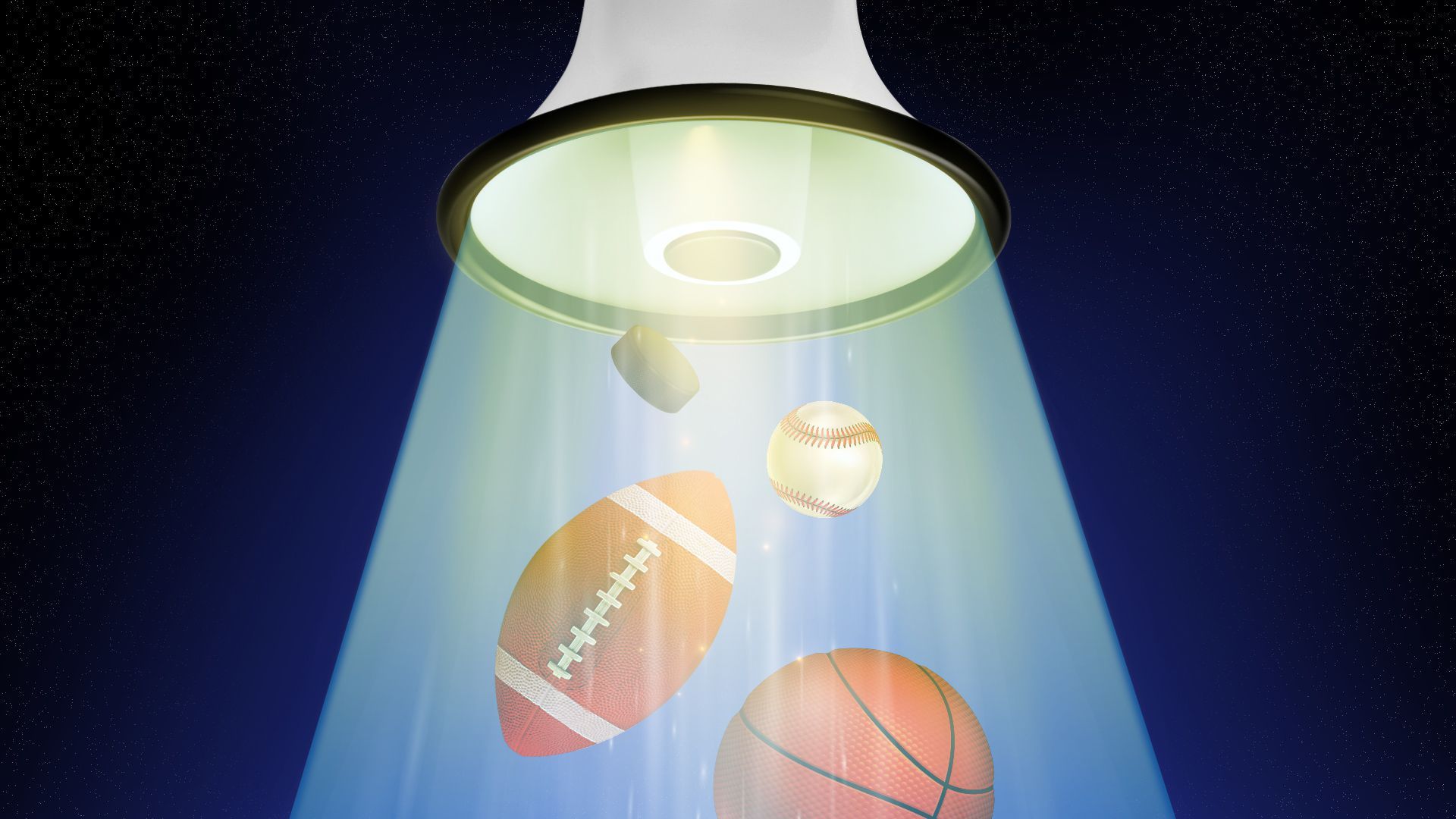 Illustration of a megaphone beaming up sports balls like a UFO. 