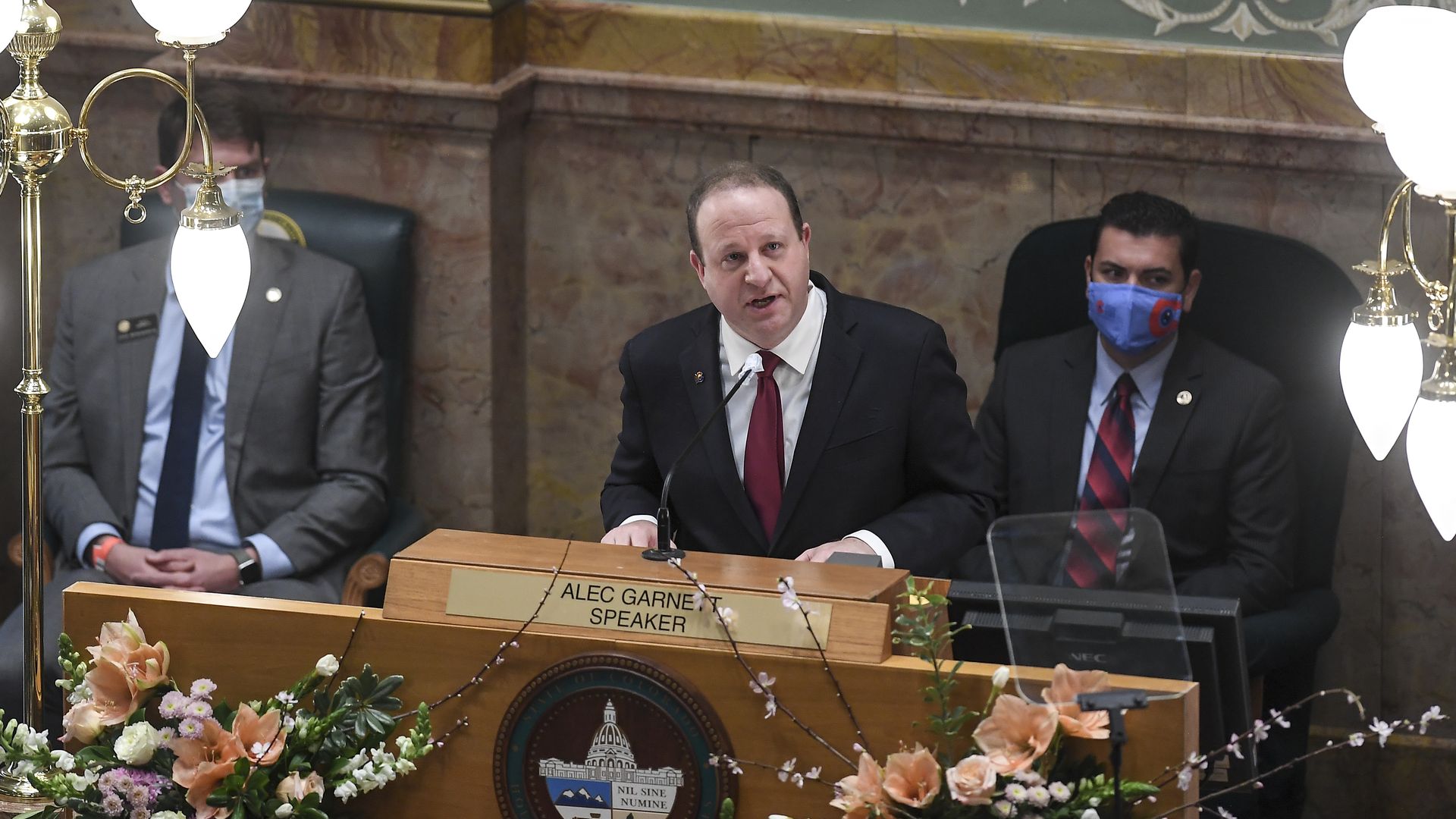 Gov. Jared Polis at the Colorado State Capitol Building on Feb. 17.