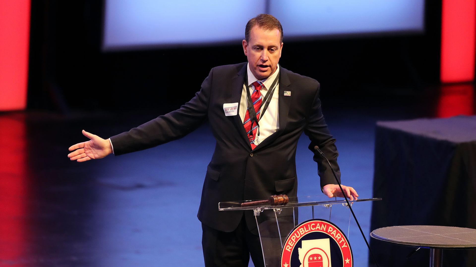 SCOTTSDALE, AZ - JAN. 28: Jeff DeWit, a candidate for chairman of the Republican Party of Arizona, speaks during the Republican Party of Arizona Statutory Meeting at Dream City Church on Saturday, Jan. 28, 2022 in Scottsdale, Arizona.