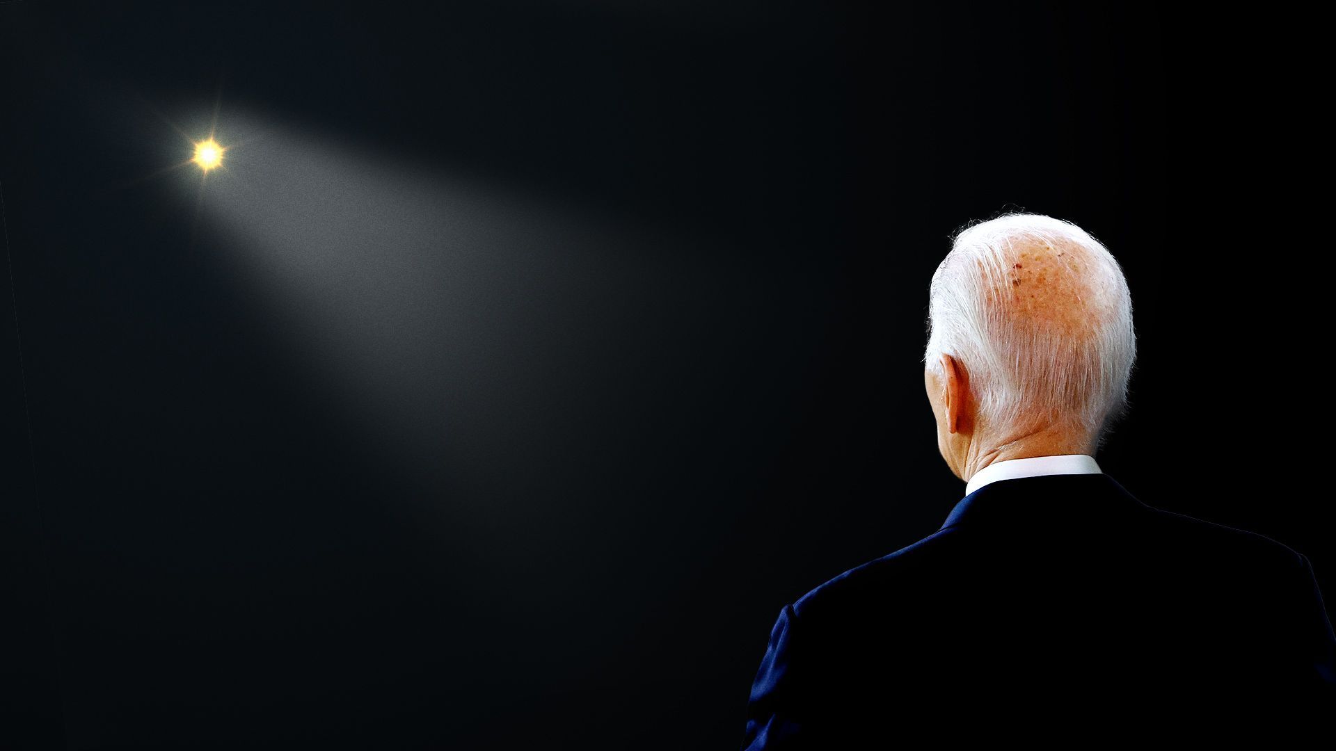 Photo illustration of President Joe Biden looking towards an incredibly small speck of light through the darkness.  