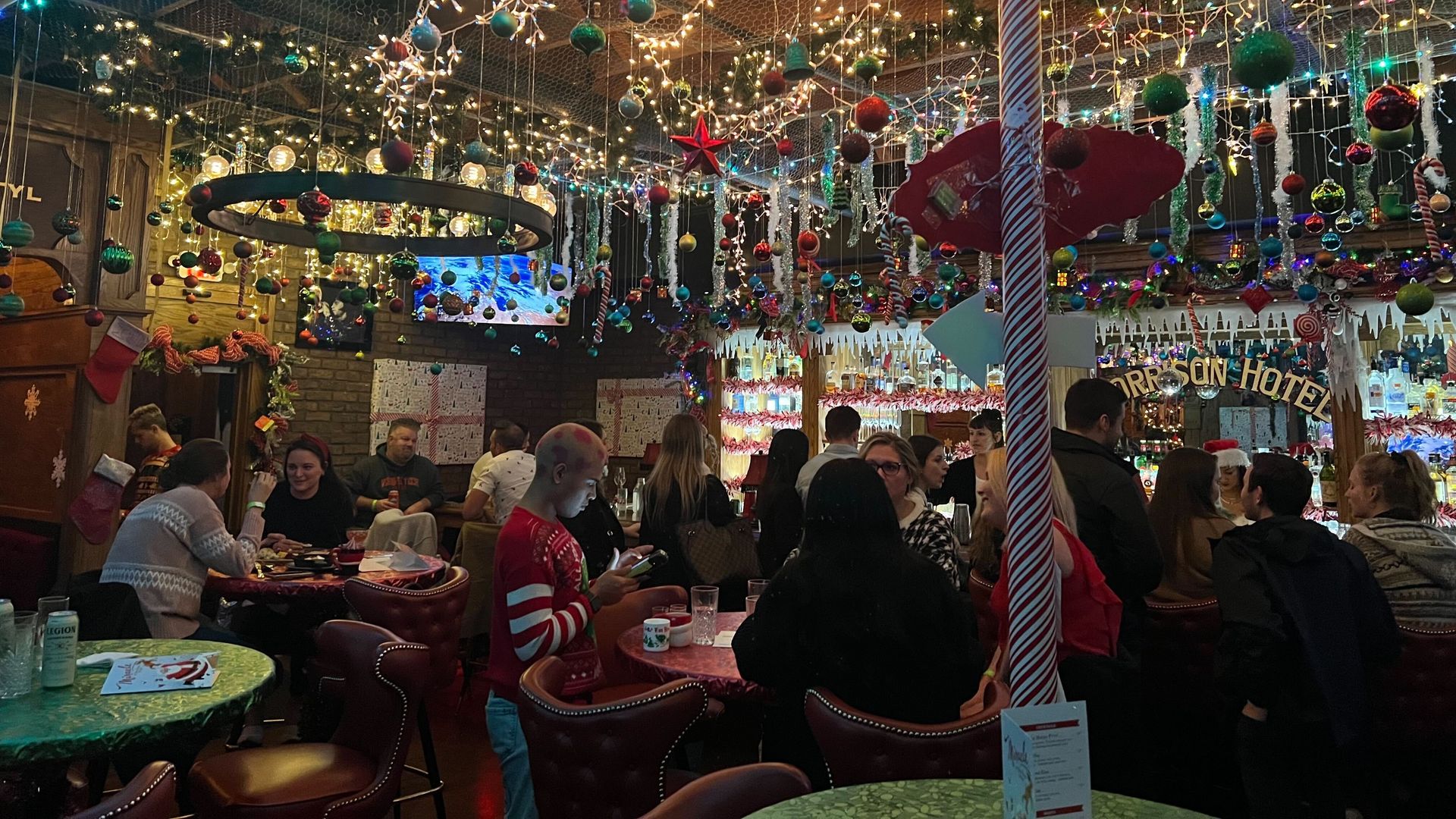 bar decorated for Christmas