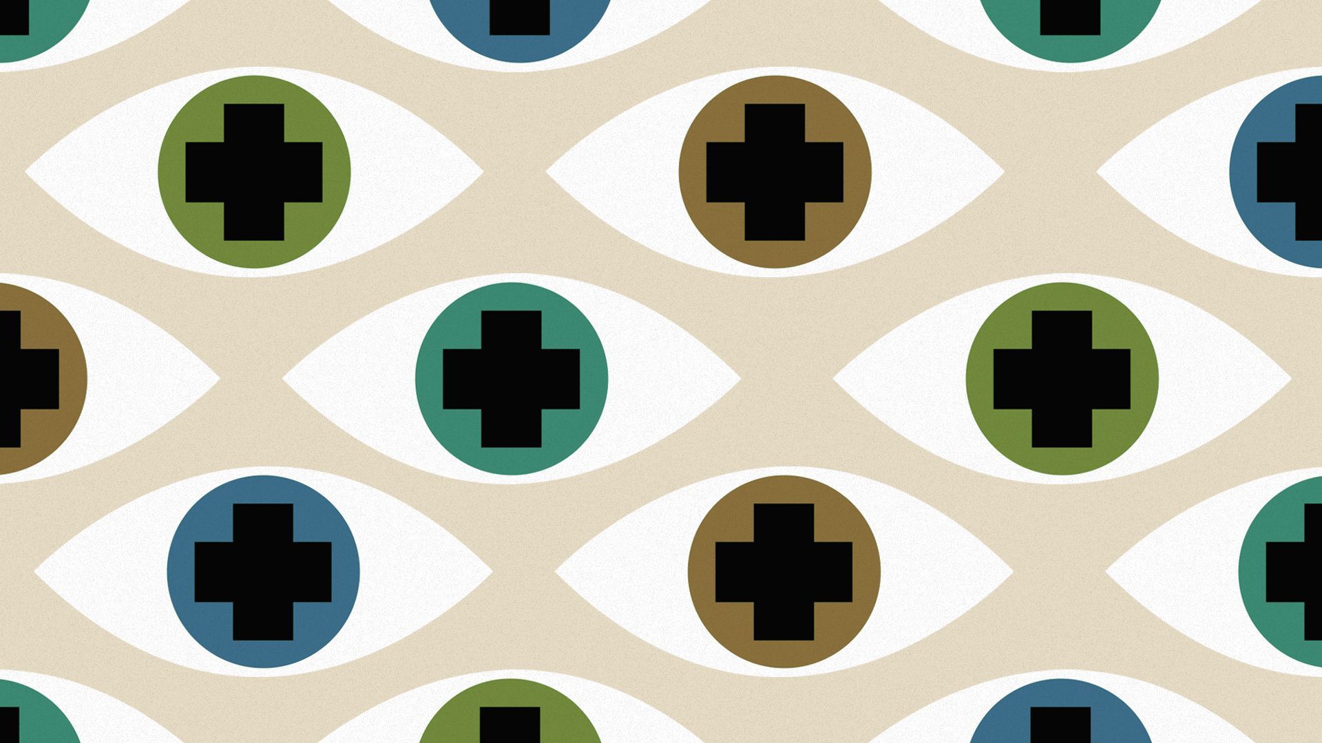 Illustration of a pattern of eyes with health plus icon pupils