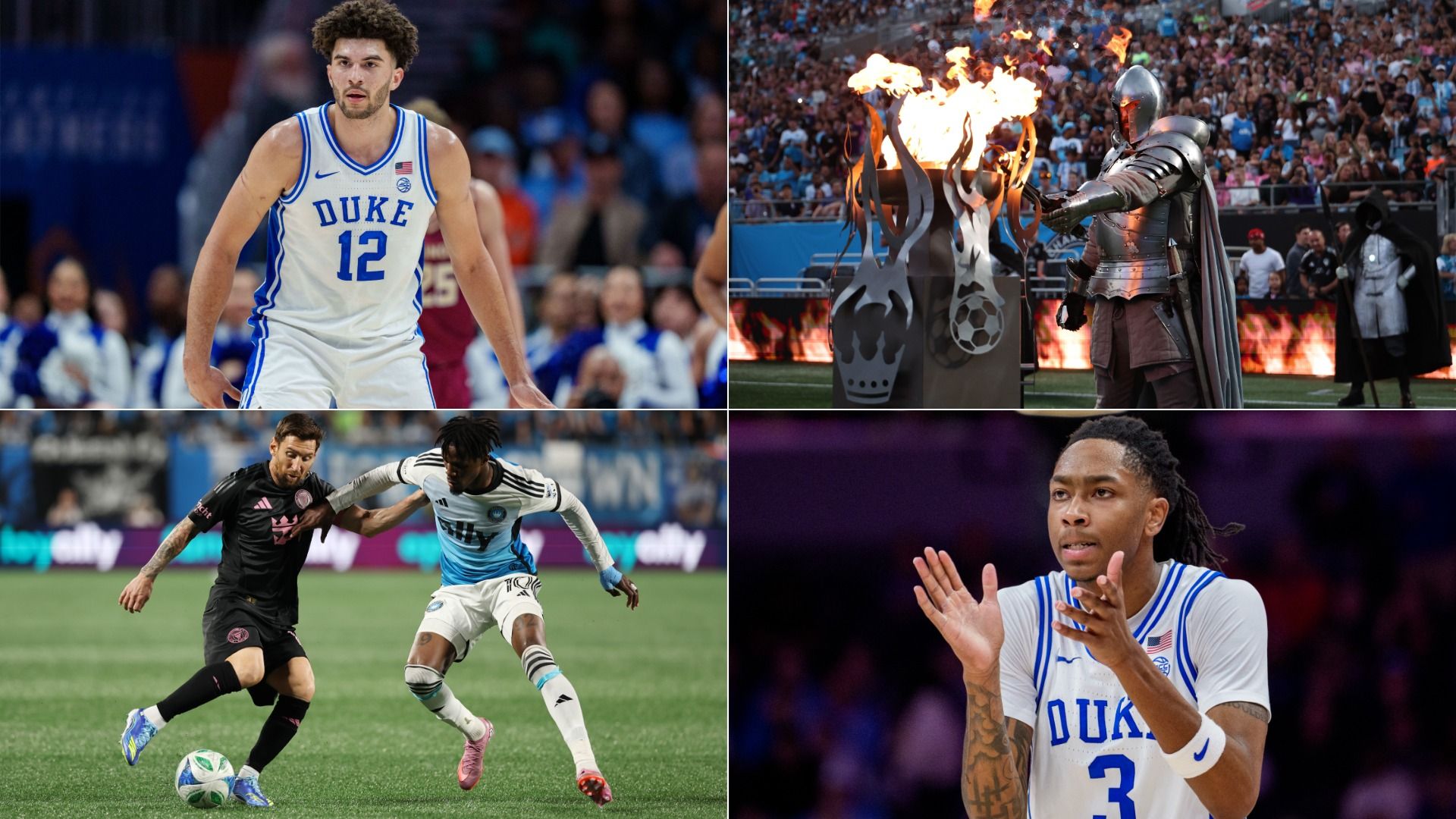 Collage of four sports: top-left Duke basketball player in white #12; top-right armored knight with flames; bottom-left two soccer players chasing a ball; bottom-right Duke player in #3 applauding.