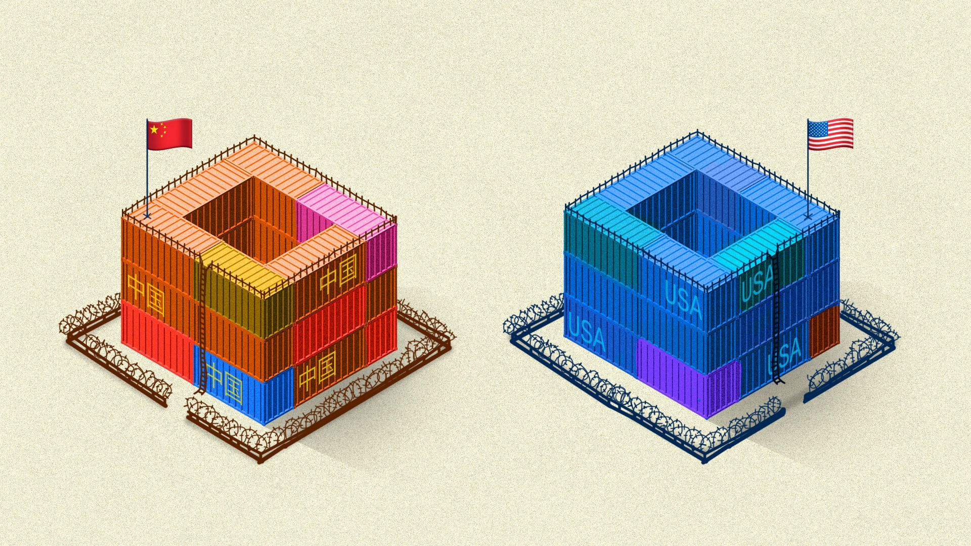 An illustration of two forts made of shipping containers with U.S. and Chinese flags on them.