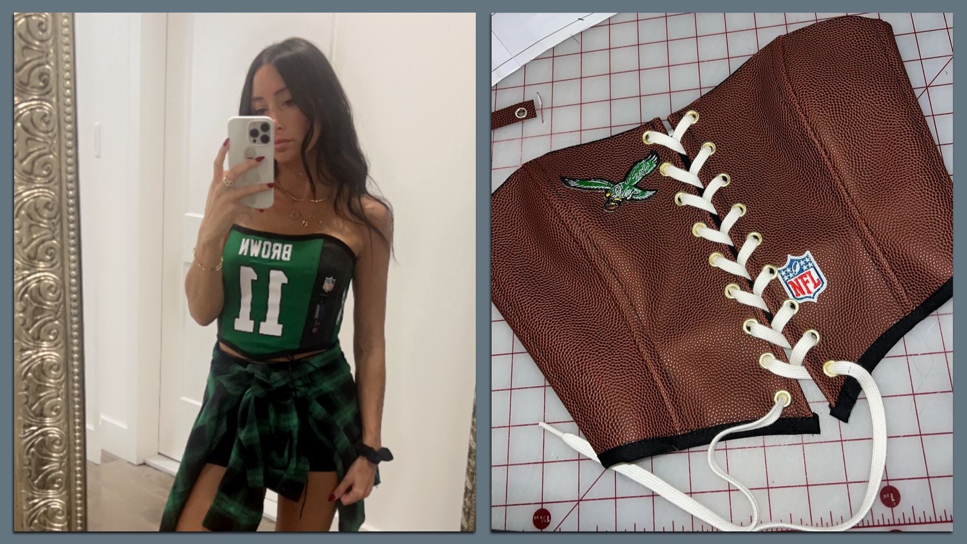 Left to right: Michel DeMatteo in her No. 11 A.J. Brown corset. Another one of DeMatteo's pigskin-themed corsets.