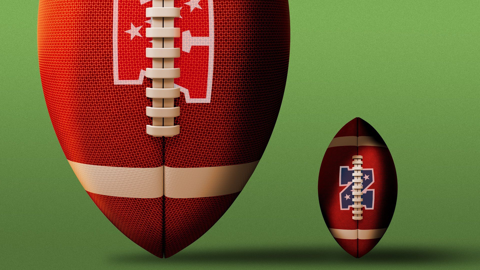 Illustration of a giant football with the AFC logo dwarfing a football with the NFC