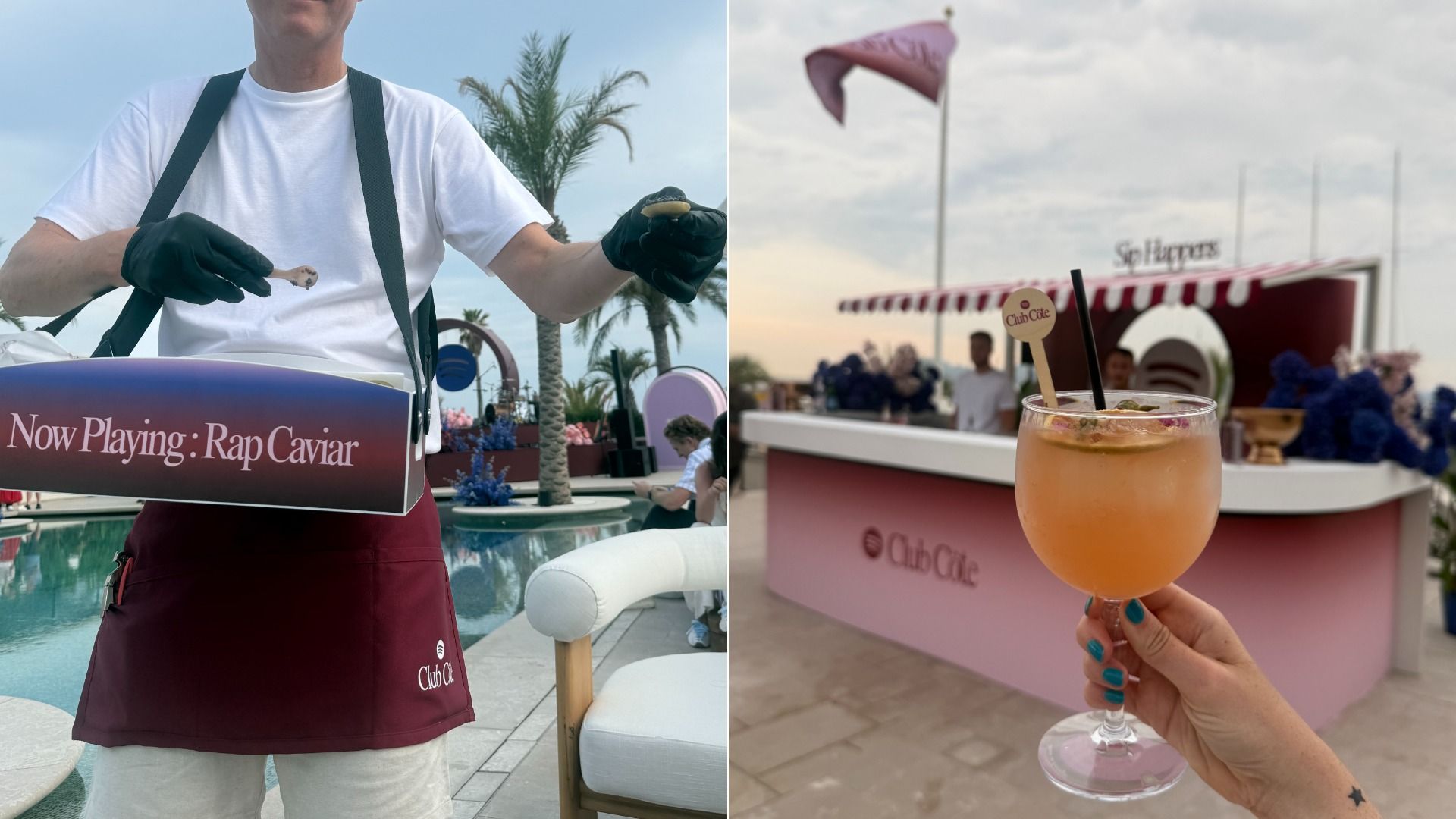 Split image: left shows a bartender in a white shirt and burgundy apron by a pool, holding a bite; sign says Now Playing: Rap Caviar. Right shows a peach cocktail with a black straw at a pink Club Café bar outdoors.